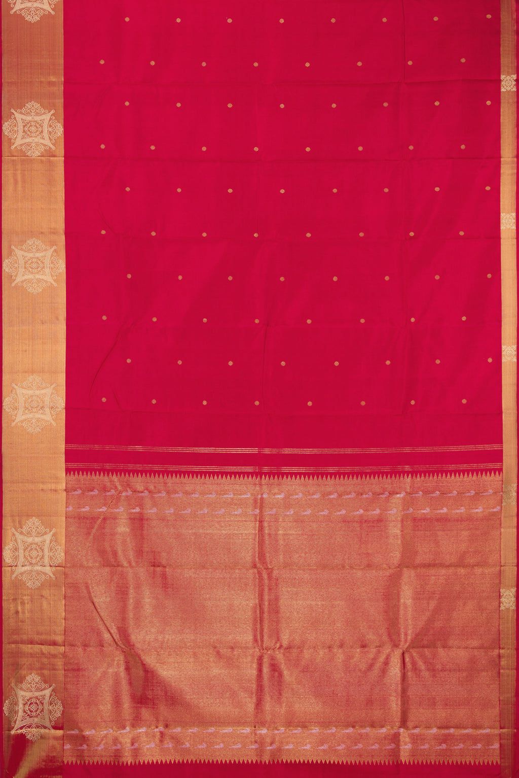 Flat view of Pure Silk Pure Zari Maroon Kanchipuram Saree with Zari Butta on the body and Fancy Border. 