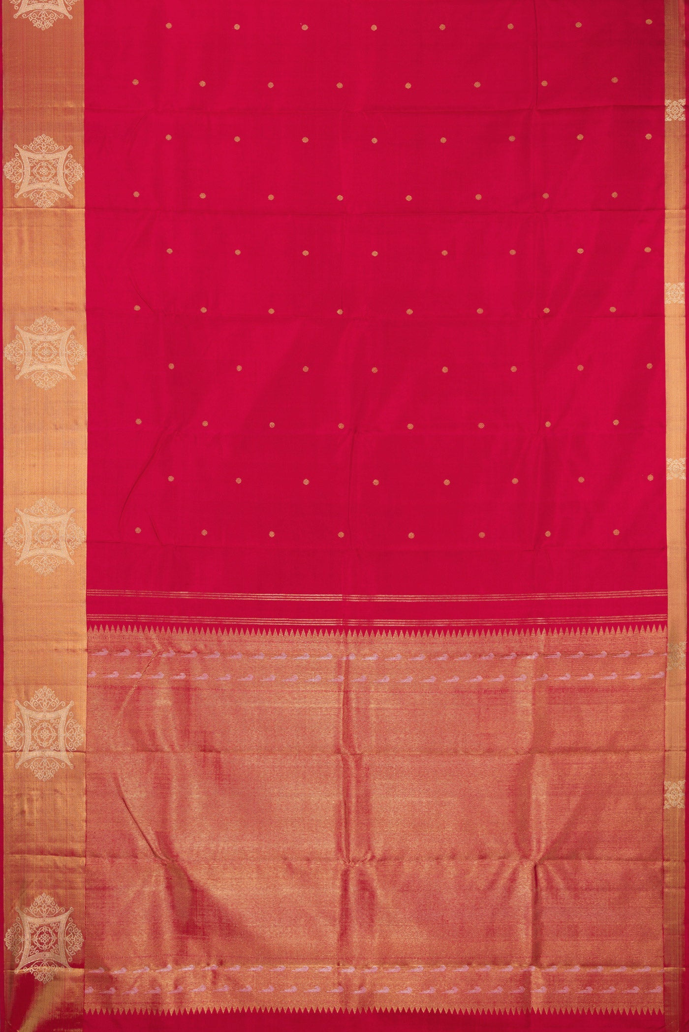 Flat view of Pure Silk Pure Zari Maroon Kanchipuram Saree with Zari Butta on the body and Fancy Border. 