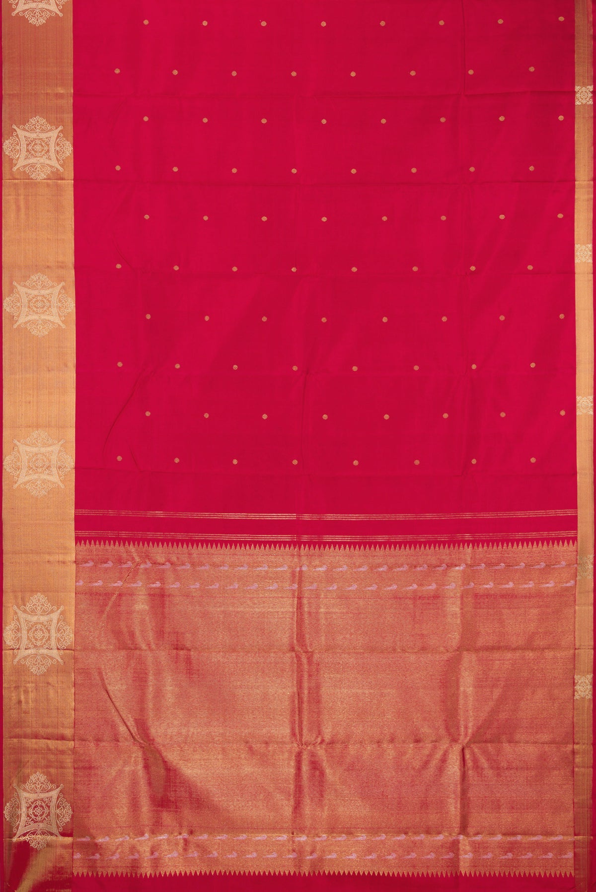 Flat view of Pure Silk Pure Zari Maroon Kanchipuram Saree with Zari Butta on the body and Fancy Border. 