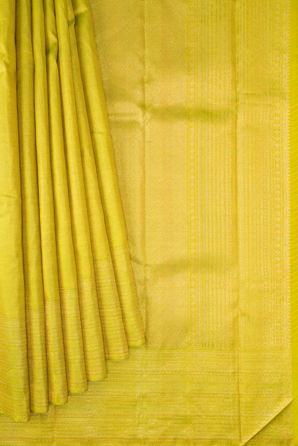 Pleats and pallu of Parrot Green Dual Tone Kanjivaram Silk Saree with Zari Brocade on the body and Zari Border. 