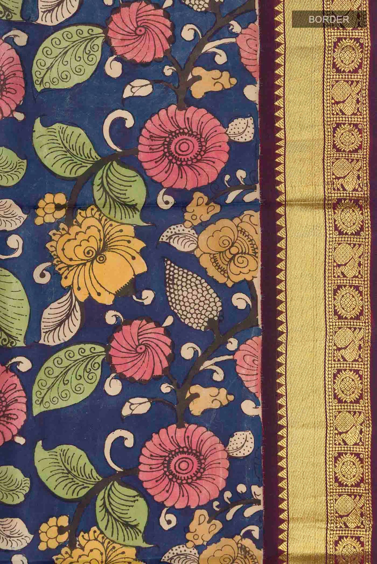 Border image of Blue Kanchipuram Silk Saree with Printed design on the body and Zari Border