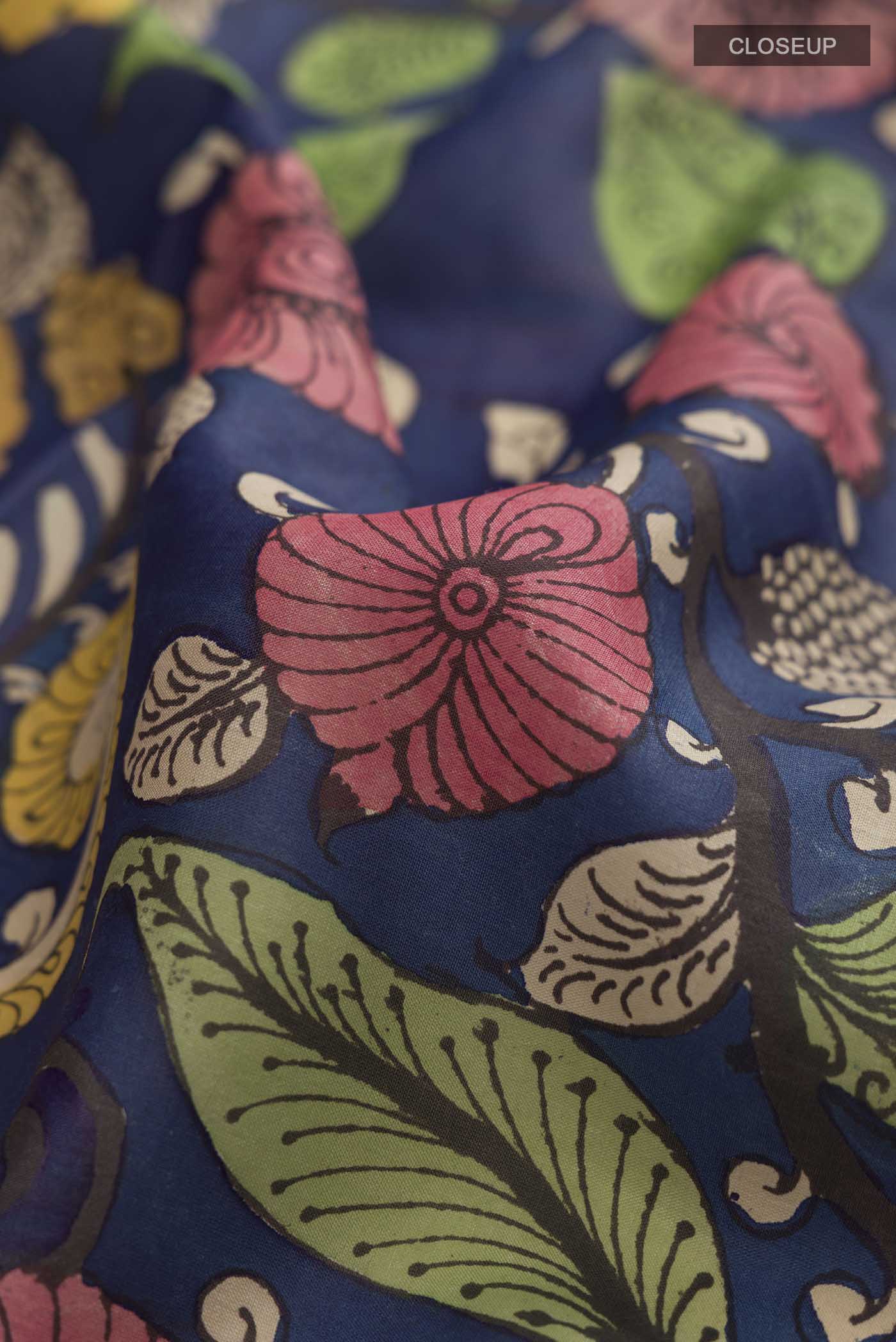 Close up of Blue Kanchipuram Silk Saree with Printed design on the body and Zari Border displaying folds