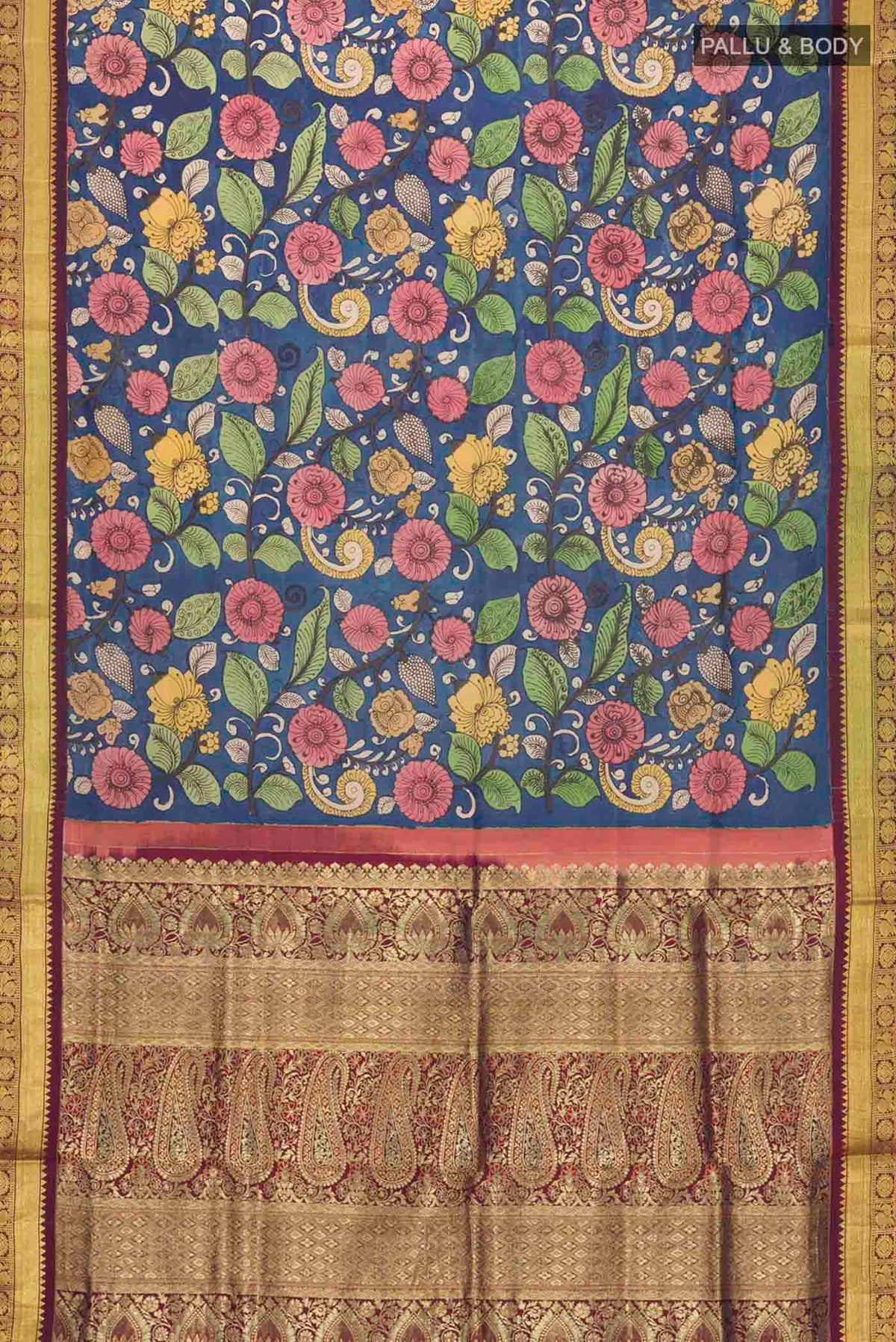 Flat view of Blue Kanchipuram Silk Saree with Printed design on the body and Zari Border