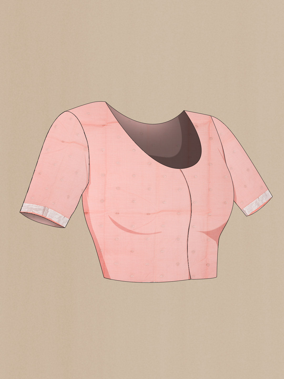 Close up image of the blouse of Peach Kota Silk Saree with Zari And Thread Butta on the body and Zari Border