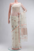 Peach Kota Silk Saree with Zari And Thread Butta on the body and Zari Border displayed on a mannequin