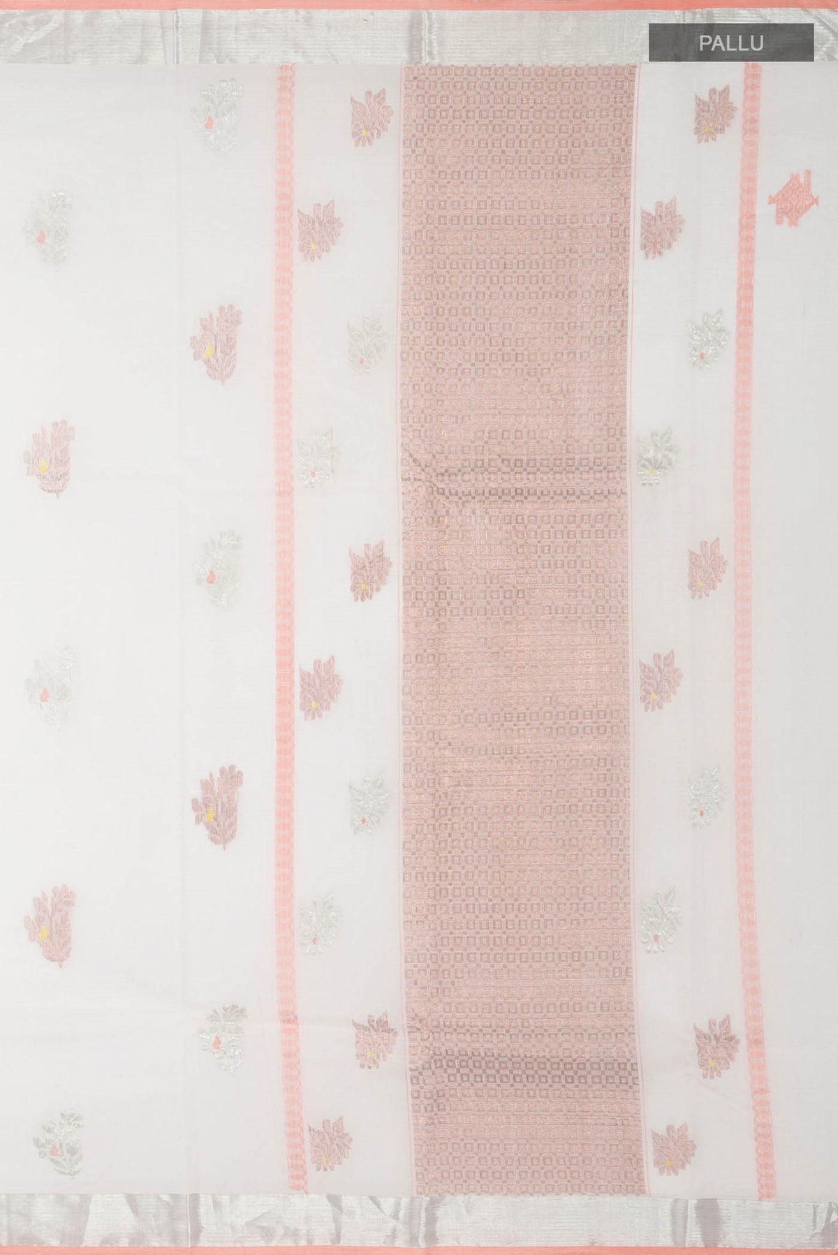 Close up image of the pallu of Peach Kota Silk Saree with Zari And Thread Butta on the body and Zari Border