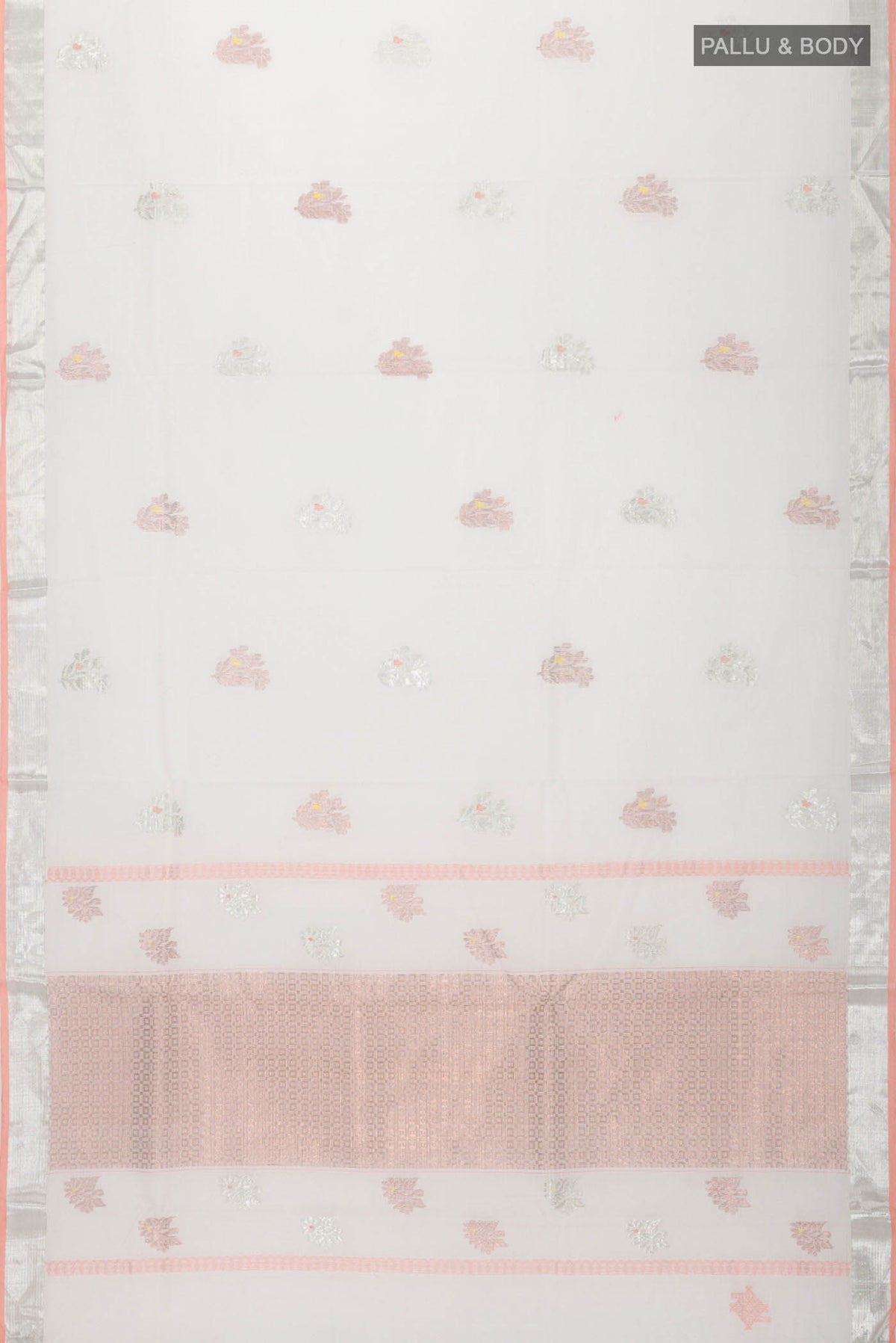 Flat view of Peach Kota Silk Saree with Zari And Thread Butta on the body and Zari Border