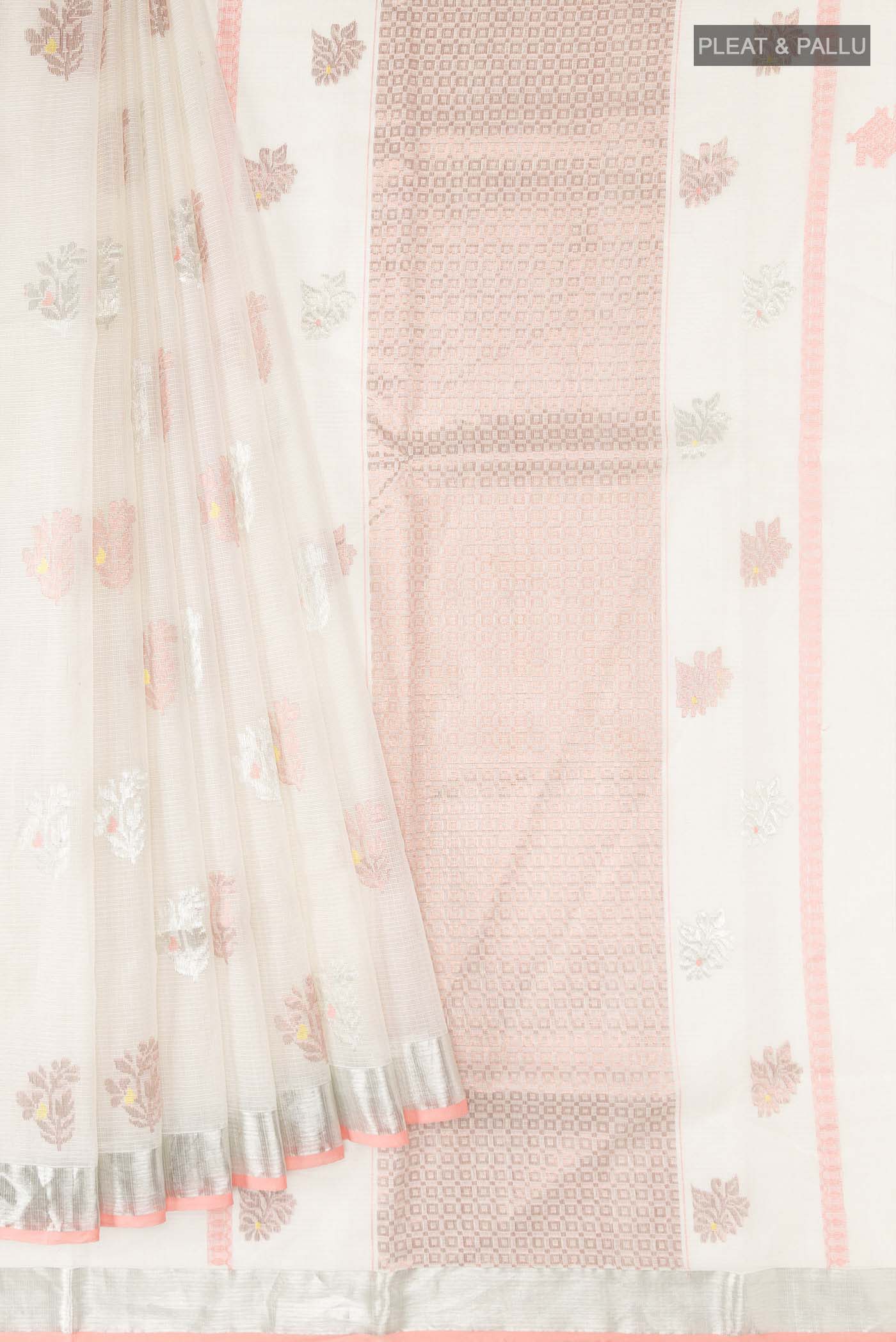 Pleats and pallu of Peach Kota Silk Saree with Zari And Thread Butta on the body and Zari Border