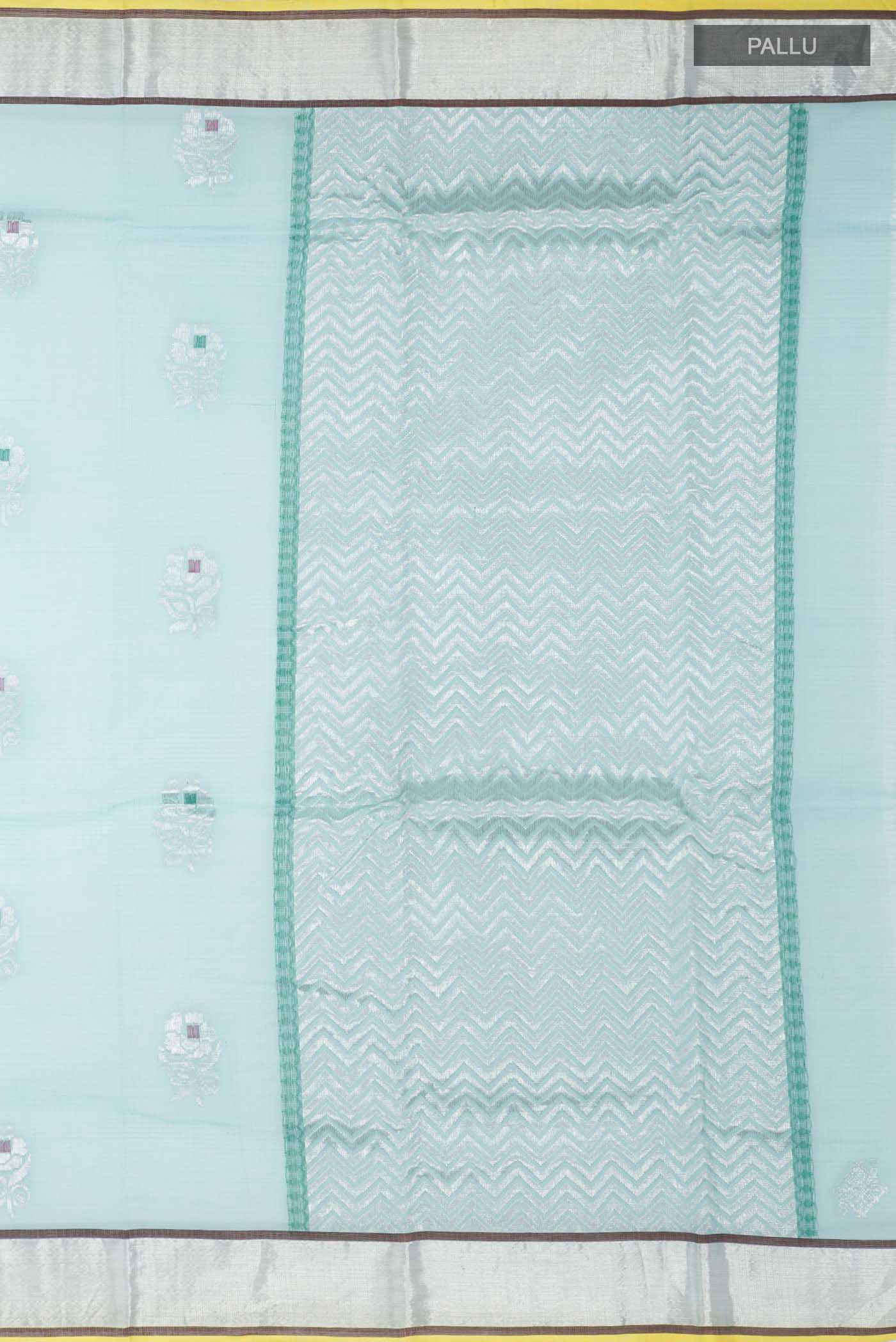 Close up image of the pallu of Green Kota Silk Saree with Zari And Thread Butta on the body and Zari Border