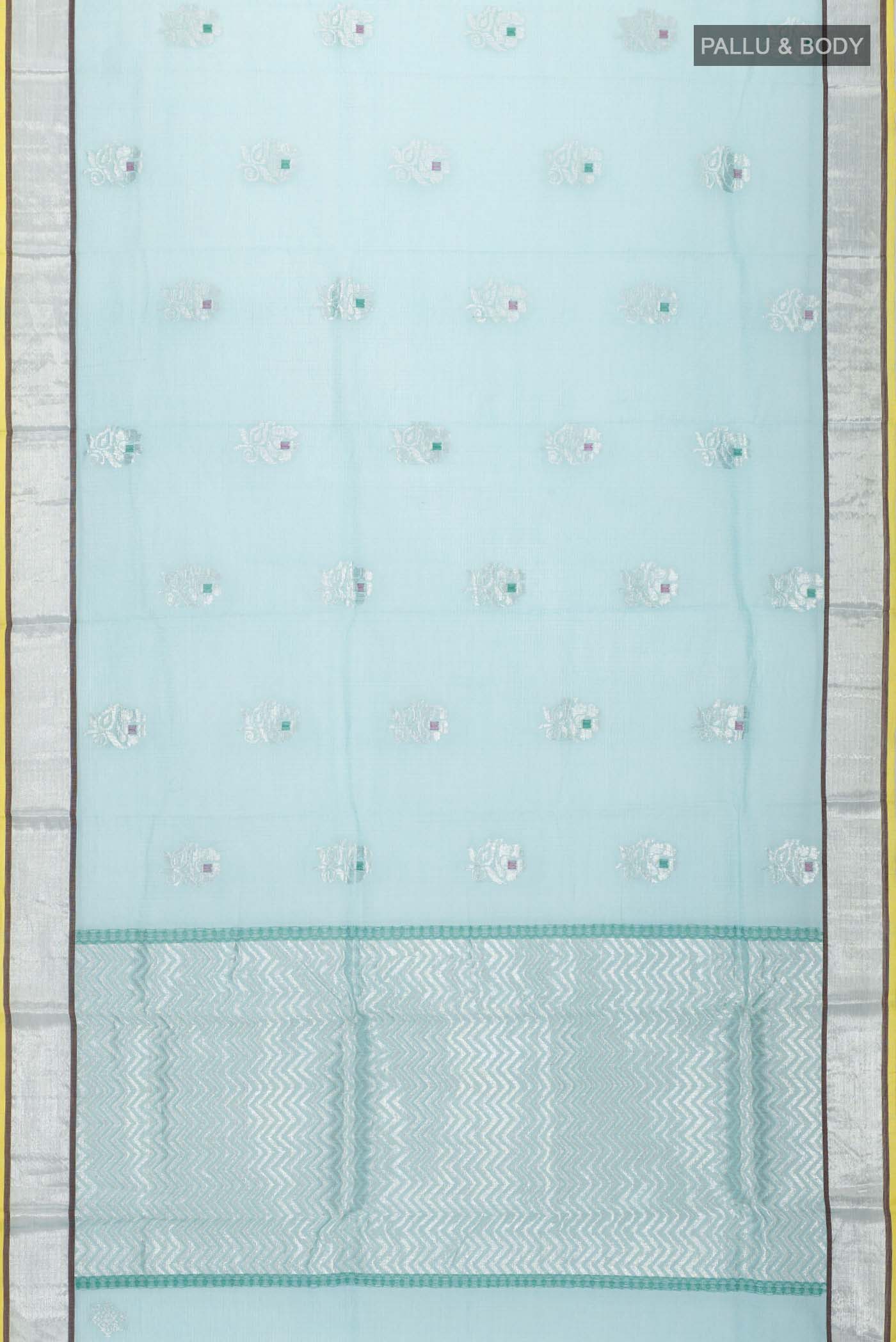 Flat view of Green Kota Silk Saree with Zari And Thread Butta on the body and Zari Border