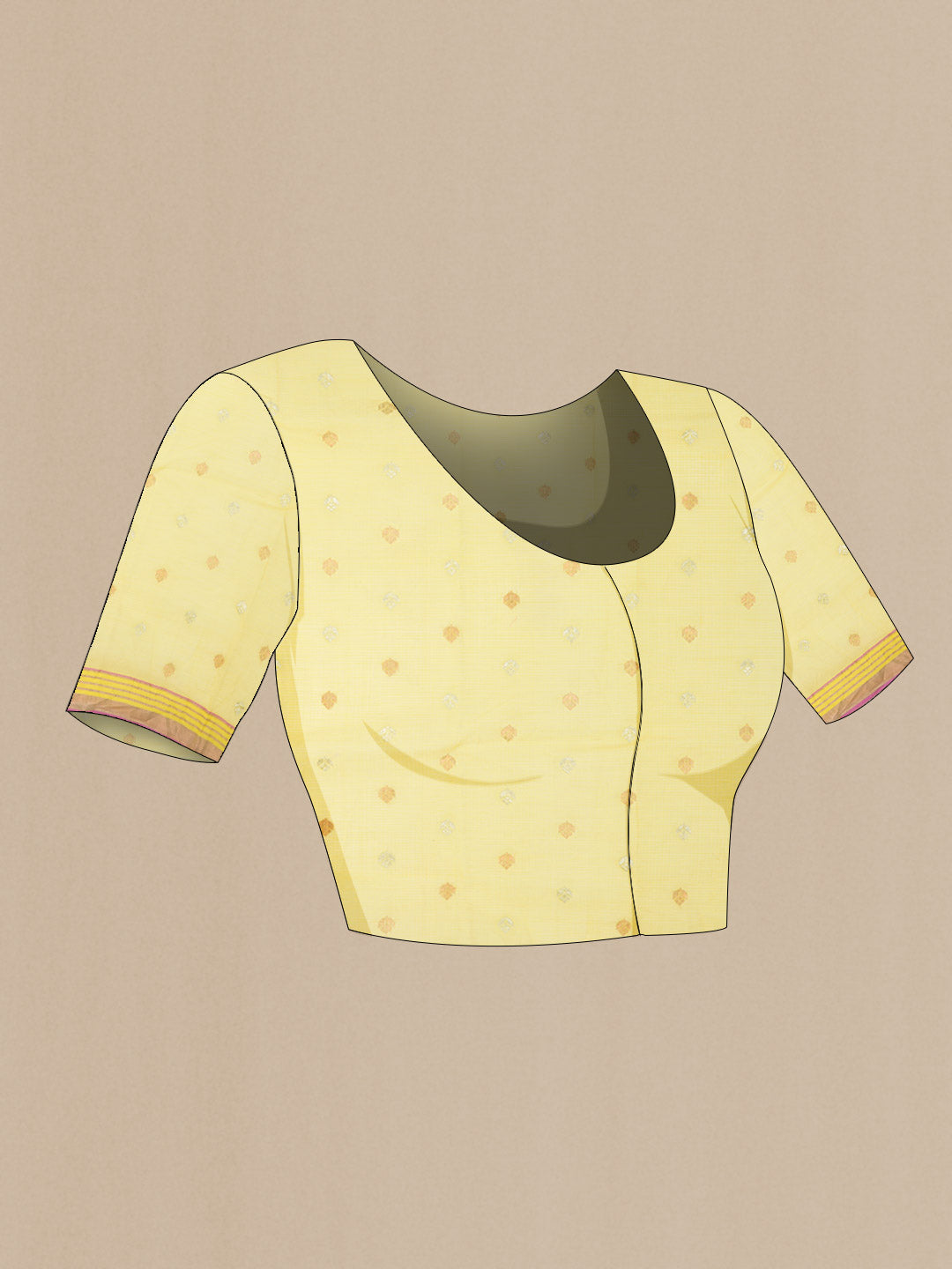 Close up image of the blouse of Yellow Kota Silk Saree with Zari Butta on the body and Zari Border