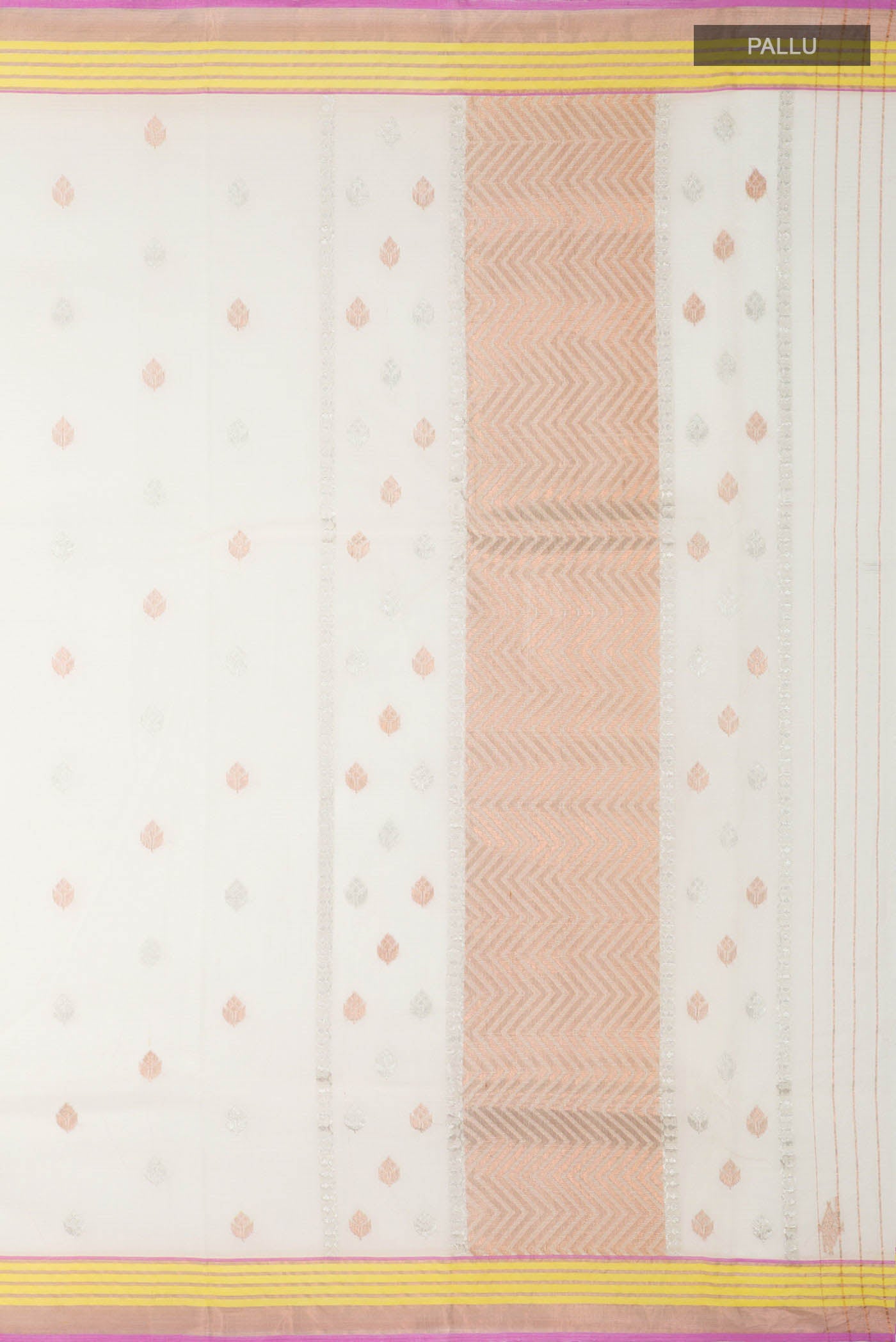 Close up image of the pallu of Yellow Kota Silk Saree with Zari Butta on the body and Zari Border