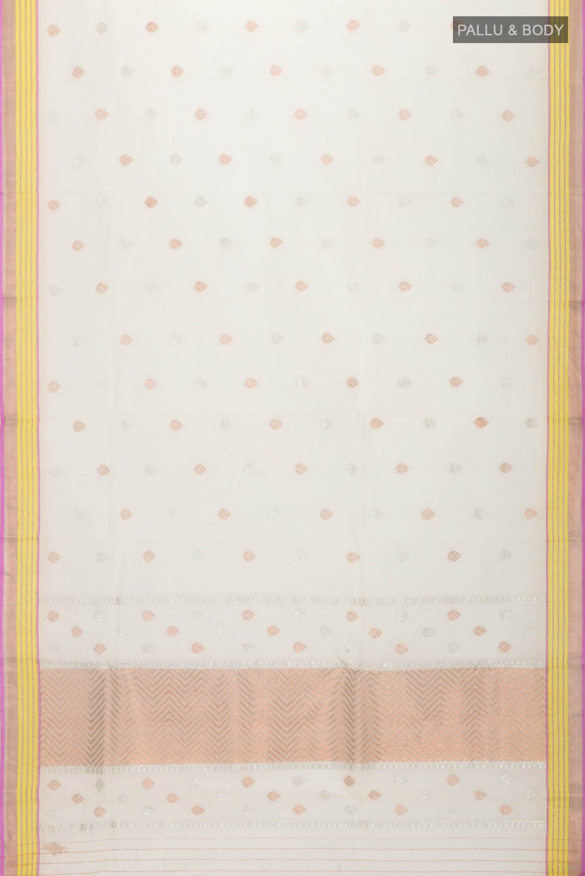 Flat view of Yellow Kota Silk Saree with Zari Butta on the body and Zari Border