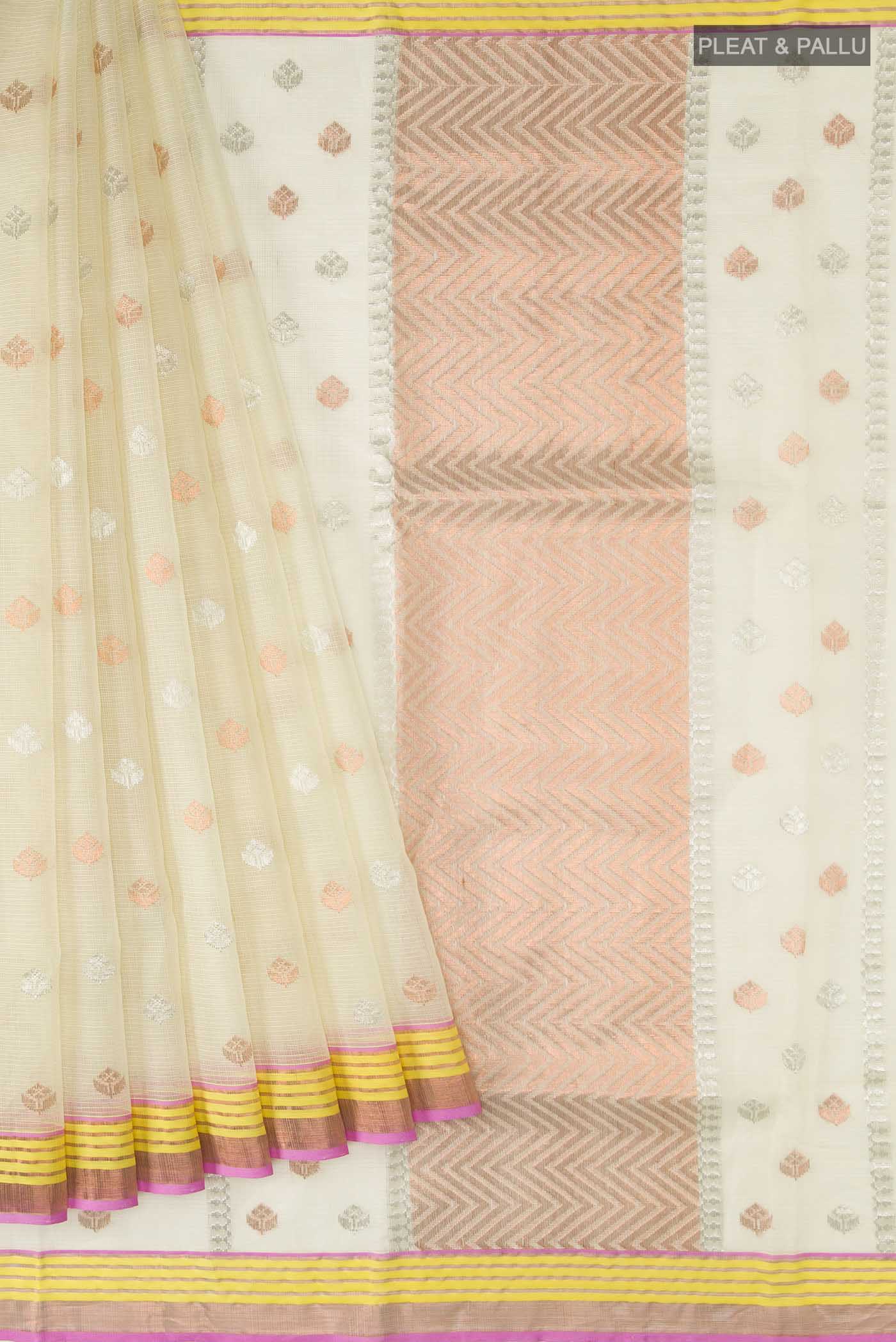 Pleats and pallu of Yellow Kota Silk Saree with Zari Butta on the body and Zari Border