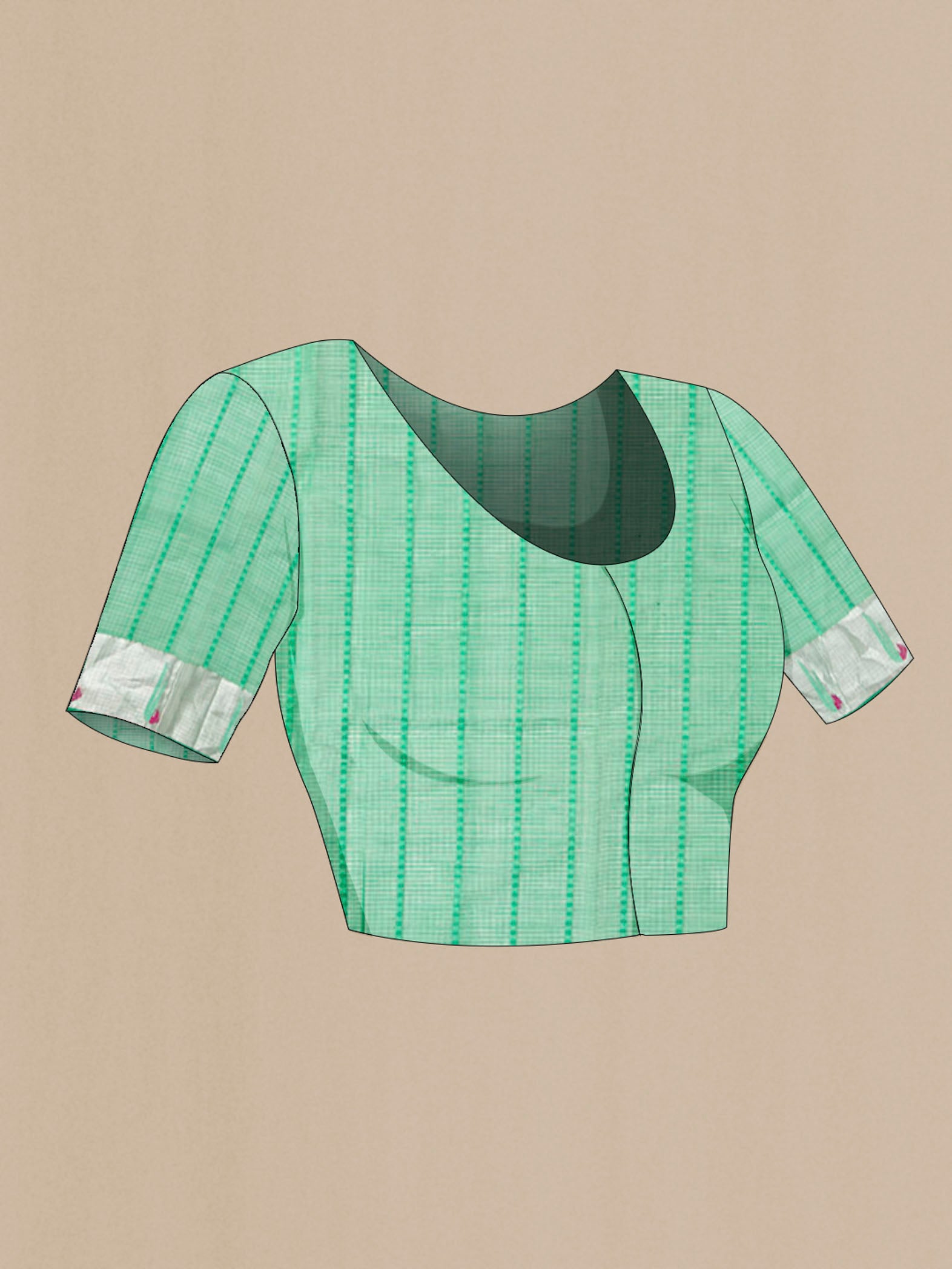 Close up image of the blouse of Green Chanderi Silk Saree with Stripes on the body and Zari Border