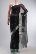 Green Chanderi Silk Saree with Stripes on the body and Zari Border displayed on a mannequin