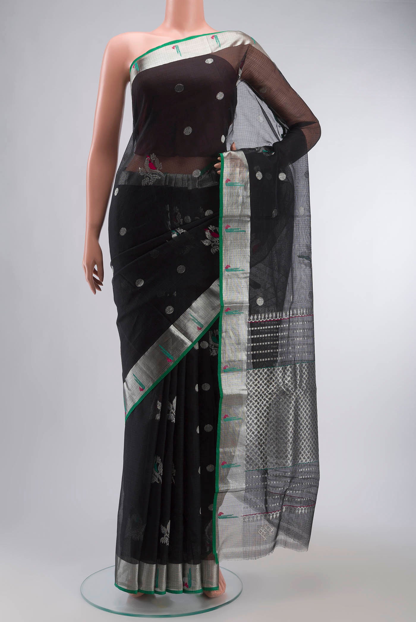Green Chanderi Silk Saree with Stripes on the body and Zari Border displayed on a mannequin