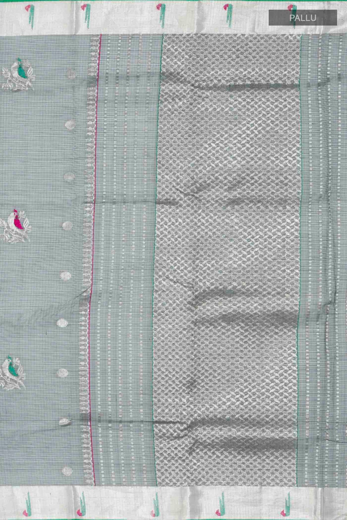 Close up image of the pallu of Green Chanderi Silk Saree with Stripes on the body and Zari Border