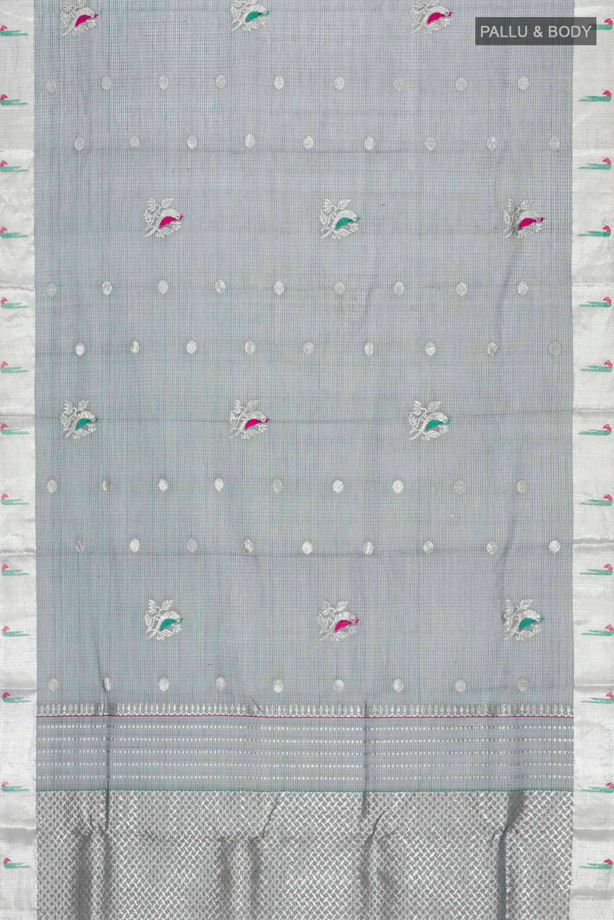 Flat view of Green Chanderi Silk Saree with Stripes on the body and Zari Border