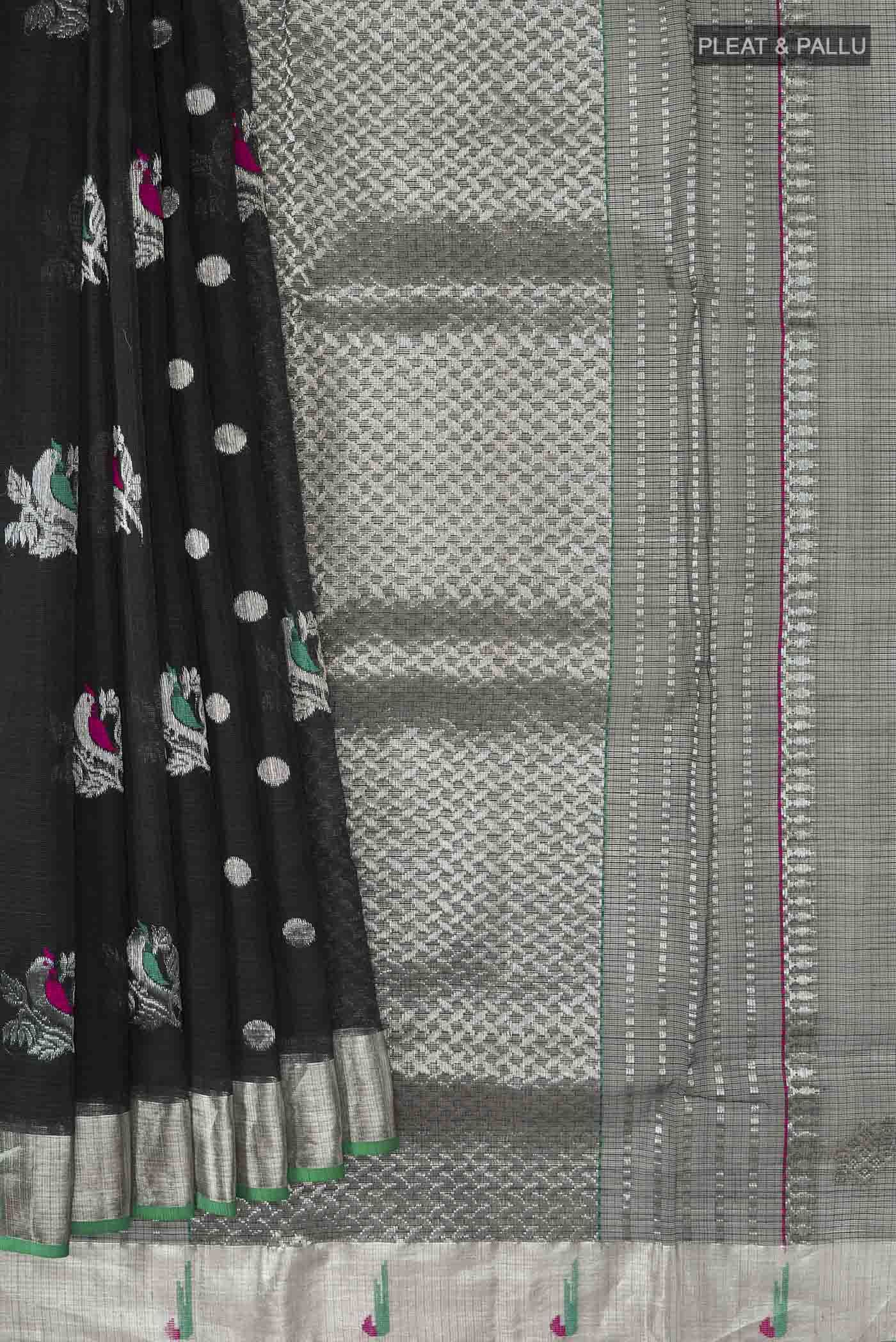 Pleats and pallu of Green Chanderi Silk Saree with Stripes on the body and Zari Border