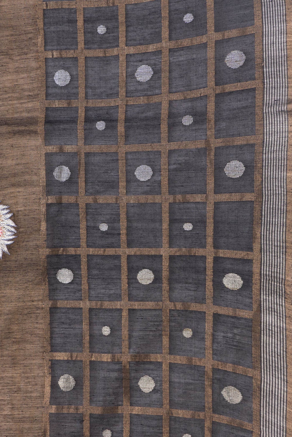 Border image of Brown Dual Tone Tussar Silk Saree with Embroidery on the body and Checks Border. 