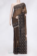 Brown Dual Tone Tussar Silk Saree with Embroidery on the body and Checks Border.  displayed on a mannequin