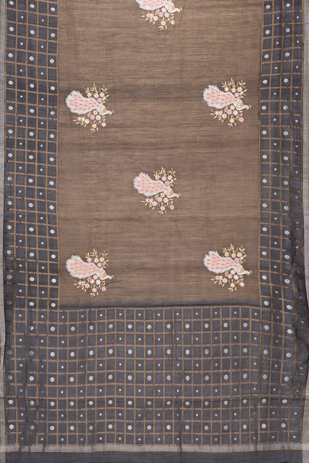 Flat view of Brown Dual Tone Tussar Silk Saree with Embroidery on the body and Checks Border. 
