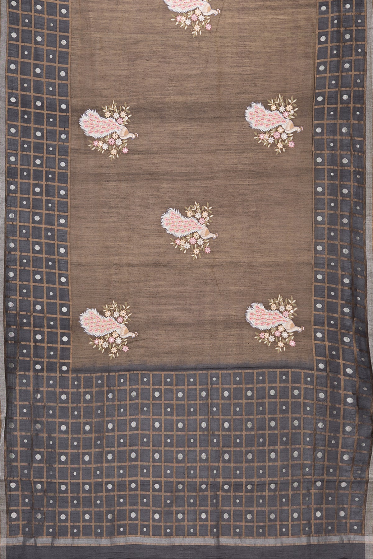 Flat view of Brown Dual Tone Tussar Silk Saree with Embroidery on the body and Checks Border. 