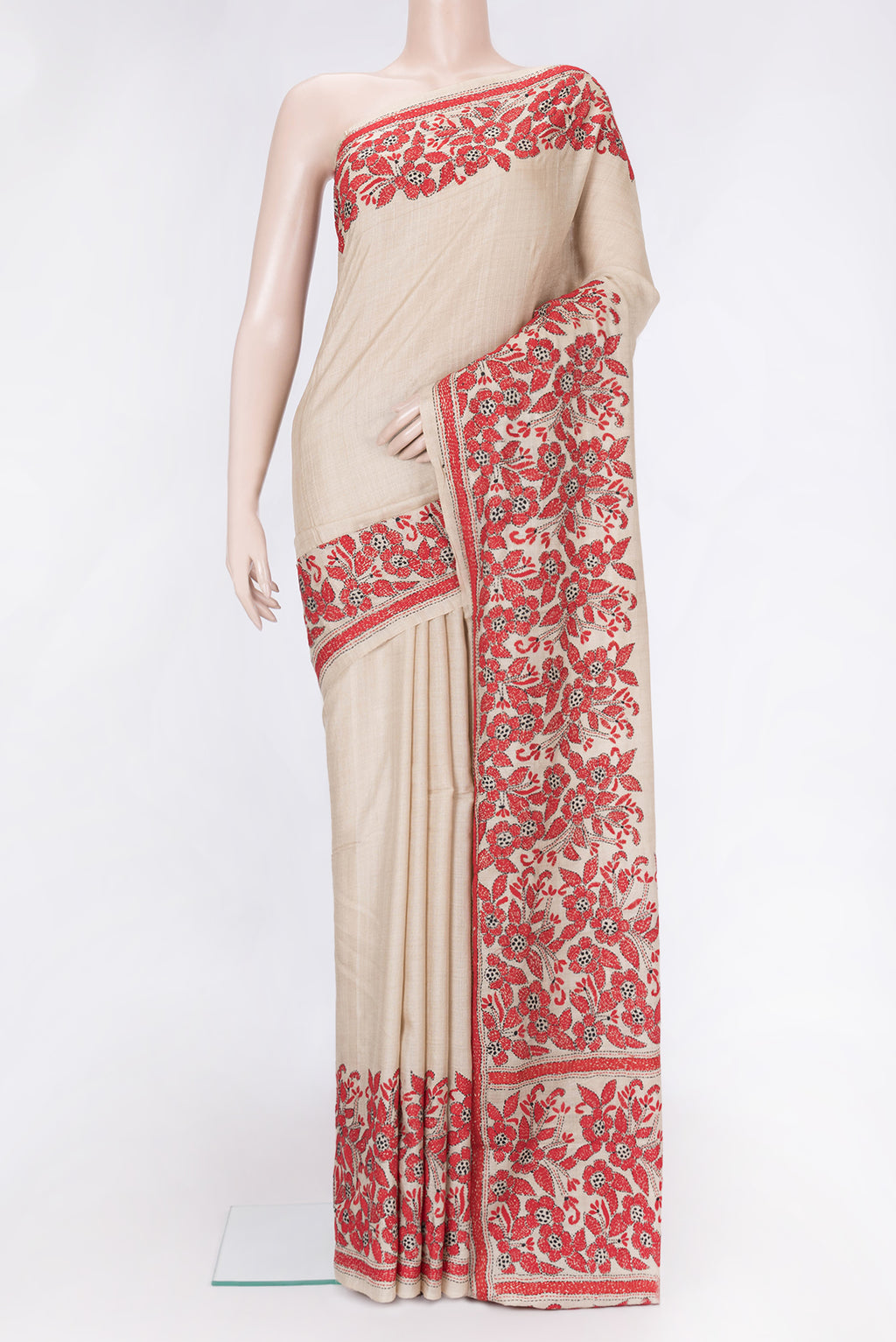 Beige Dual Tone Tussar Silk Saree with Plain Body and Embroidery Border.  displayed on a mannequin
