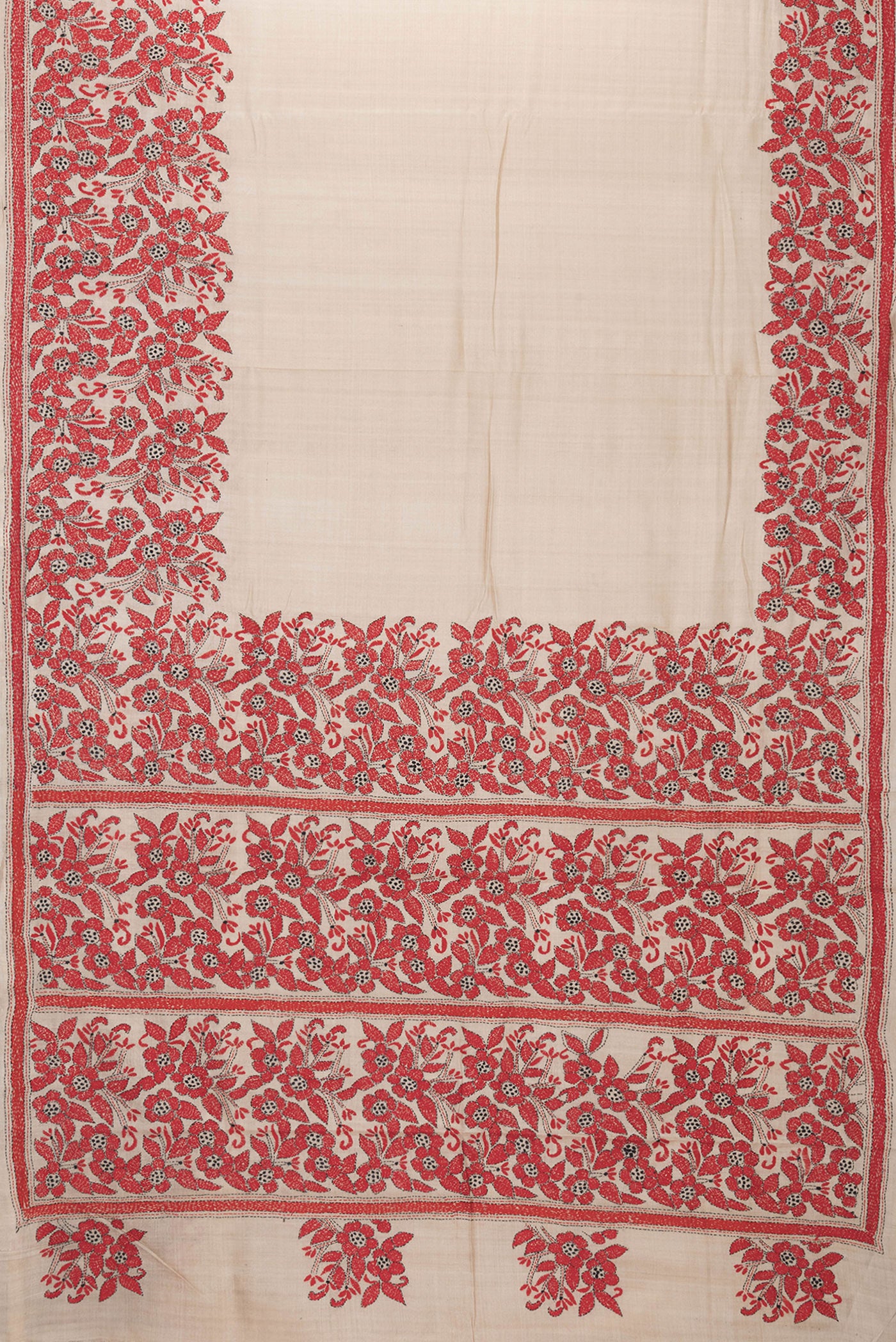Flat view of Beige Dual Tone Tussar Silk Saree with Plain Body and Embroidery Border. 
