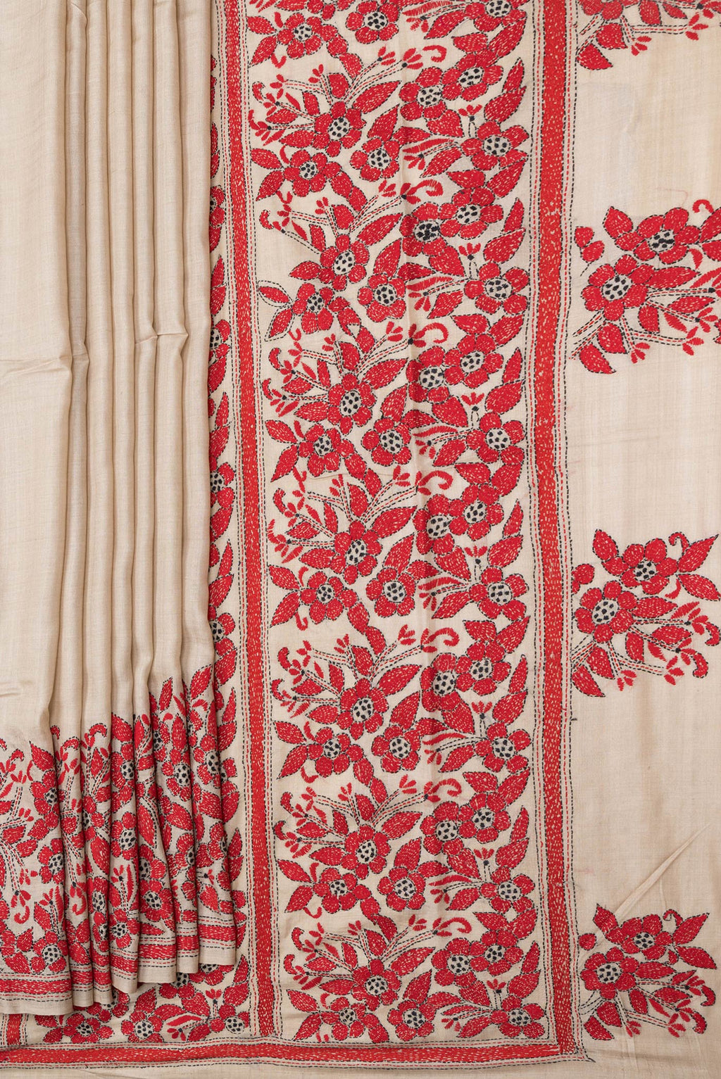 Pleats and pallu of Beige Dual Tone Tussar Silk Saree with Plain Body and Embroidery Border. 