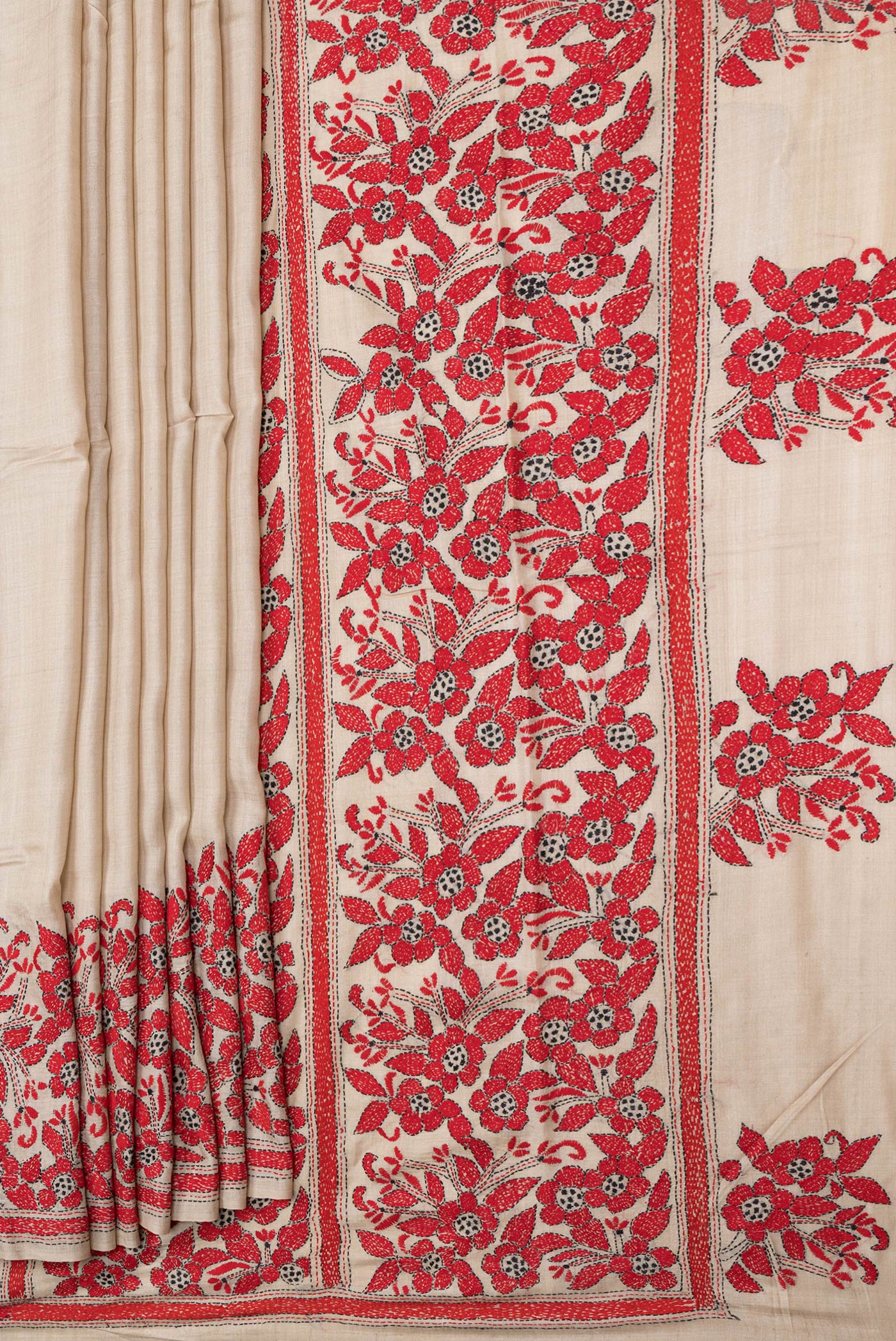 Pleats and pallu of Beige Dual Tone Tussar Silk Saree with Plain Body and Embroidery Border. 