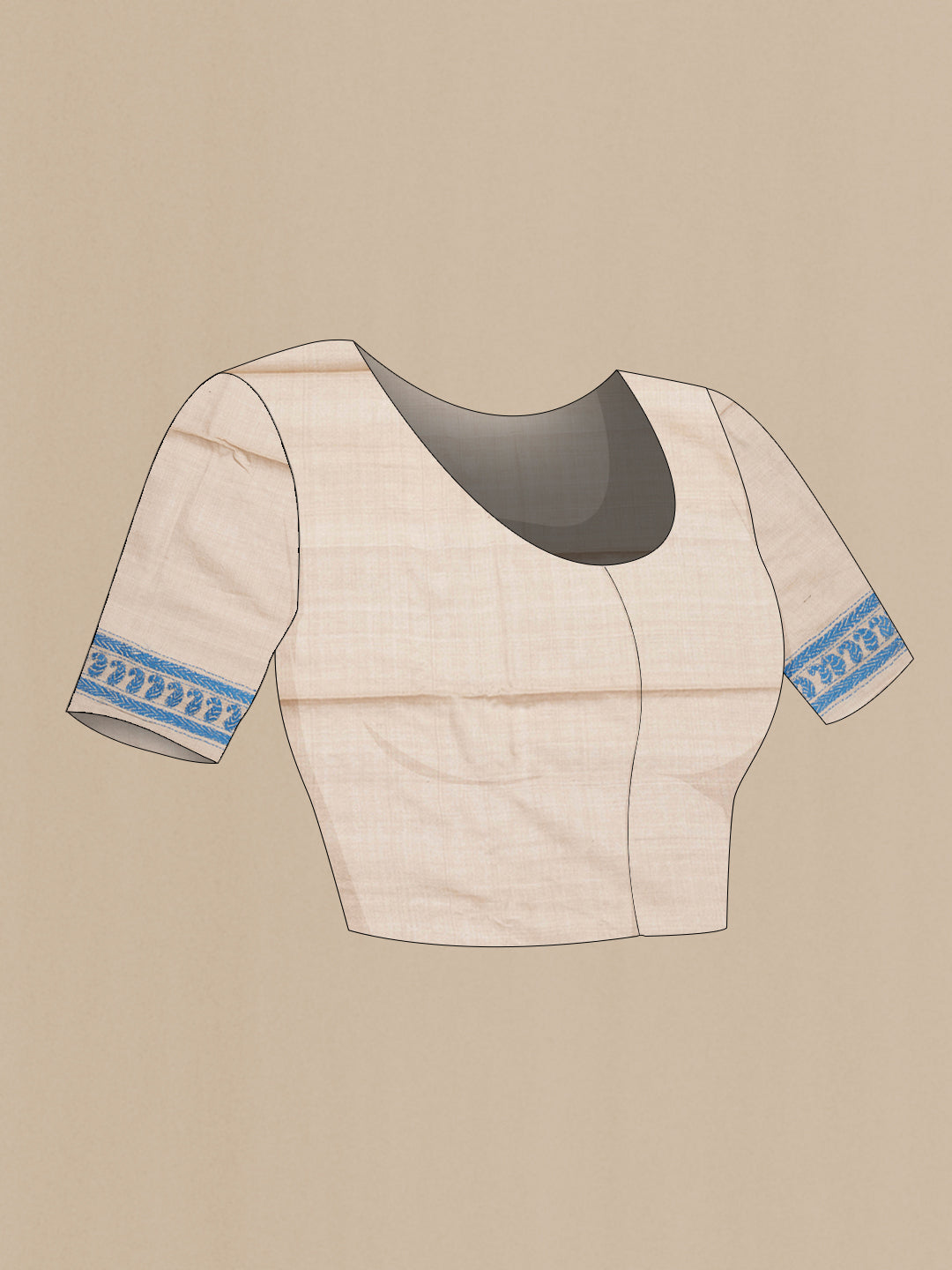 Close up image of the blouse of Beige Dual Tone Tussar Silk Saree with Plain Body and Embroidery Border. 