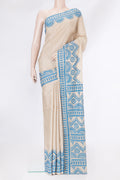 Beige Dual Tone Tussar Silk Saree with Plain Body and Embroidery Border.  displayed on a mannequin