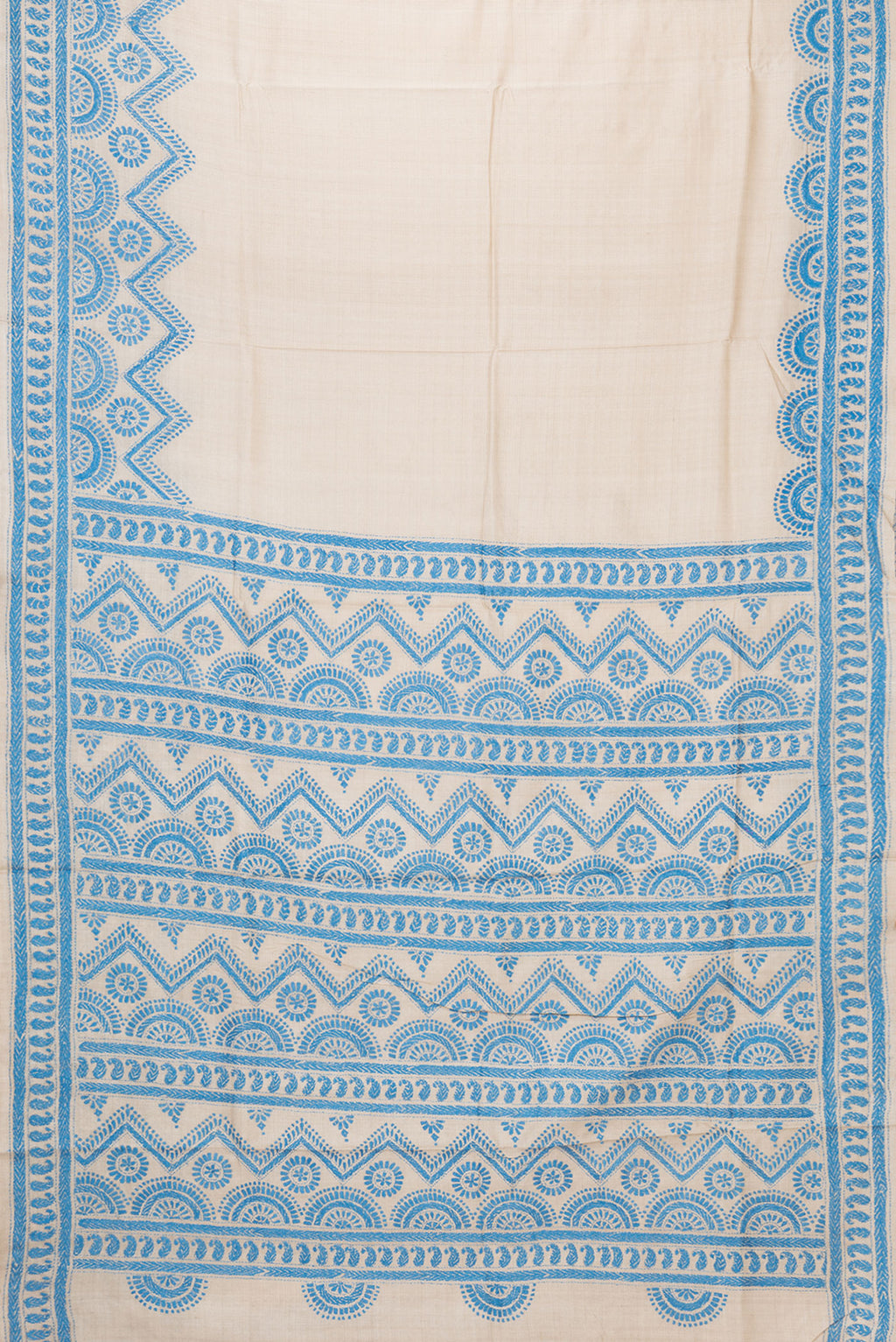 Flat view of Beige Dual Tone Tussar Silk Saree with Plain Body and Embroidery Border. 