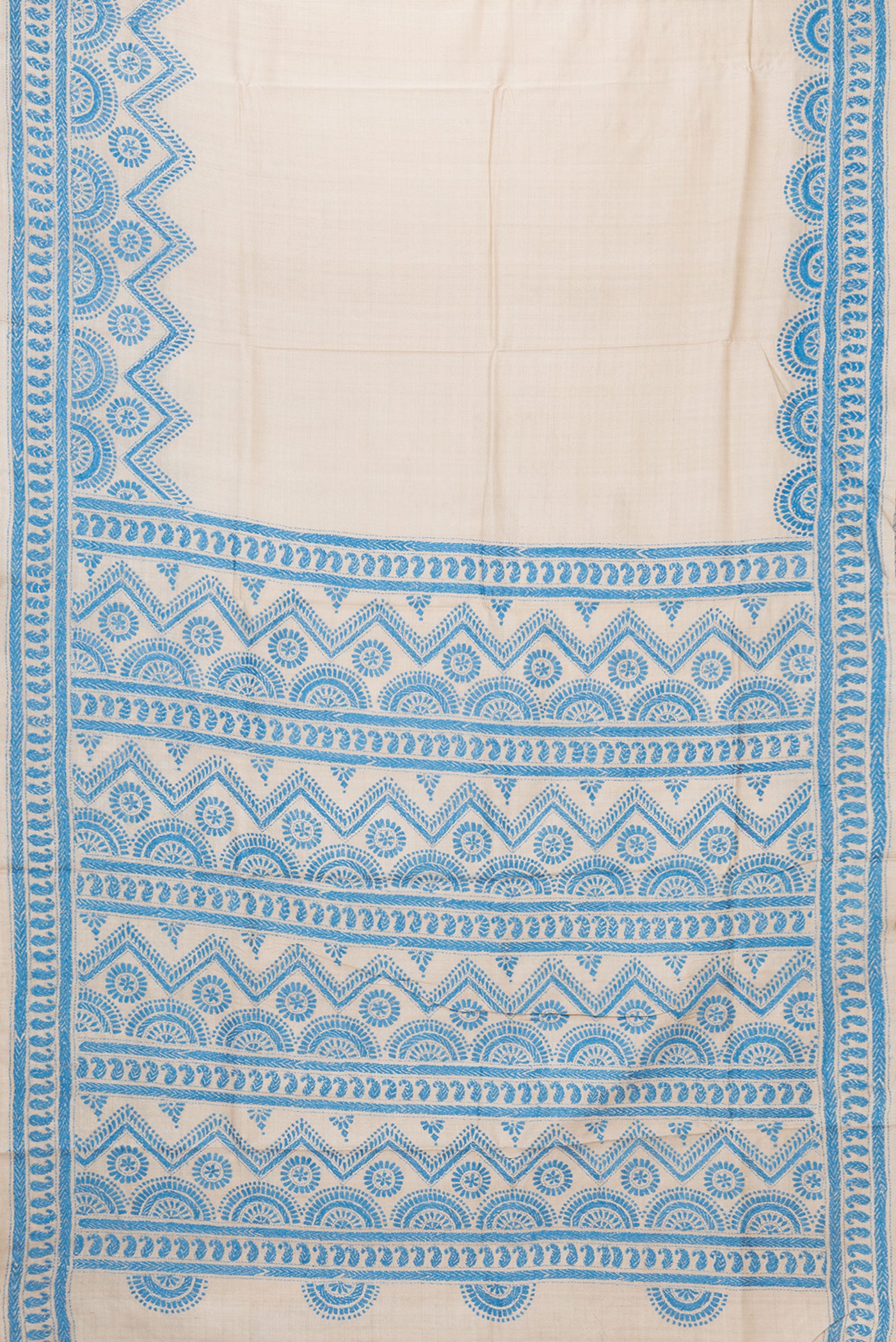 Flat view of Beige Dual Tone Tussar Silk Saree with Plain Body and Embroidery Border. 