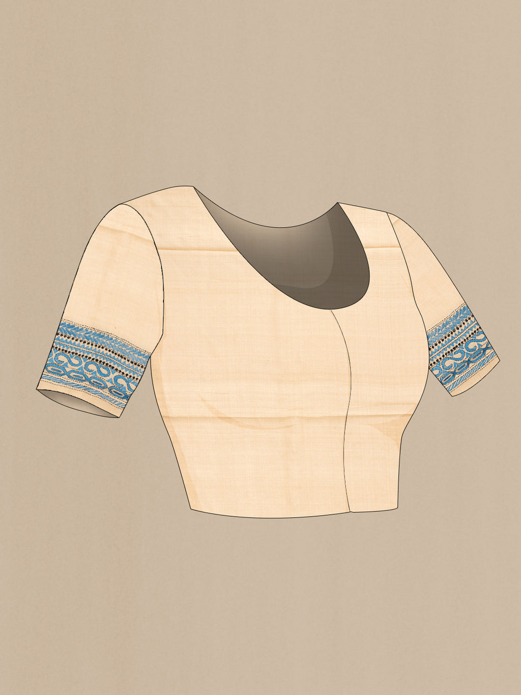 Close up image of the blouse of Beige Dual Tone Tussar Silk Saree with Plain Body and Printed Border. 