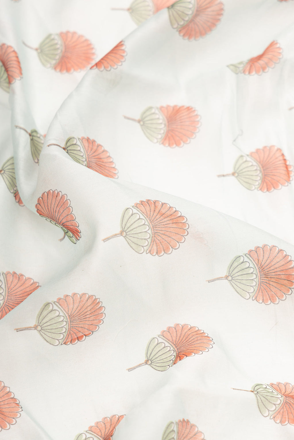 Close up of Grey Dual Tone Chanderi Silk Saree with Printed design on the body and Embroidery Border.  displaying folds