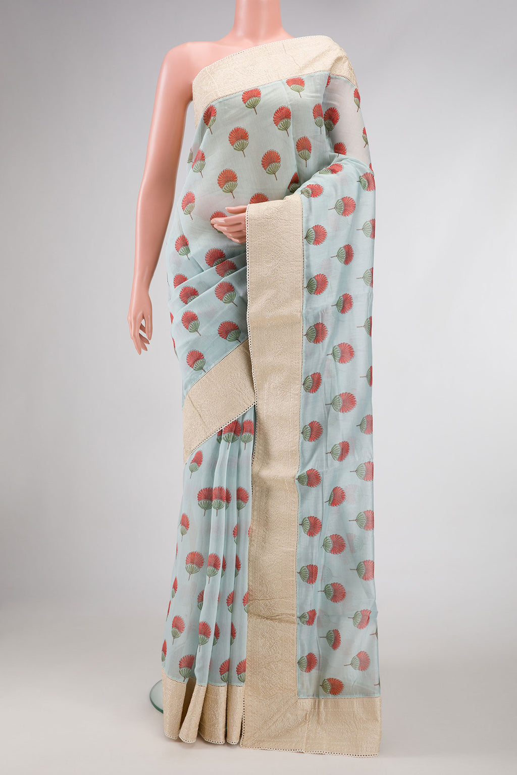 Grey Dual Tone Chanderi Silk Saree with Printed design on the body and Embroidery Border.  displayed on a mannequin