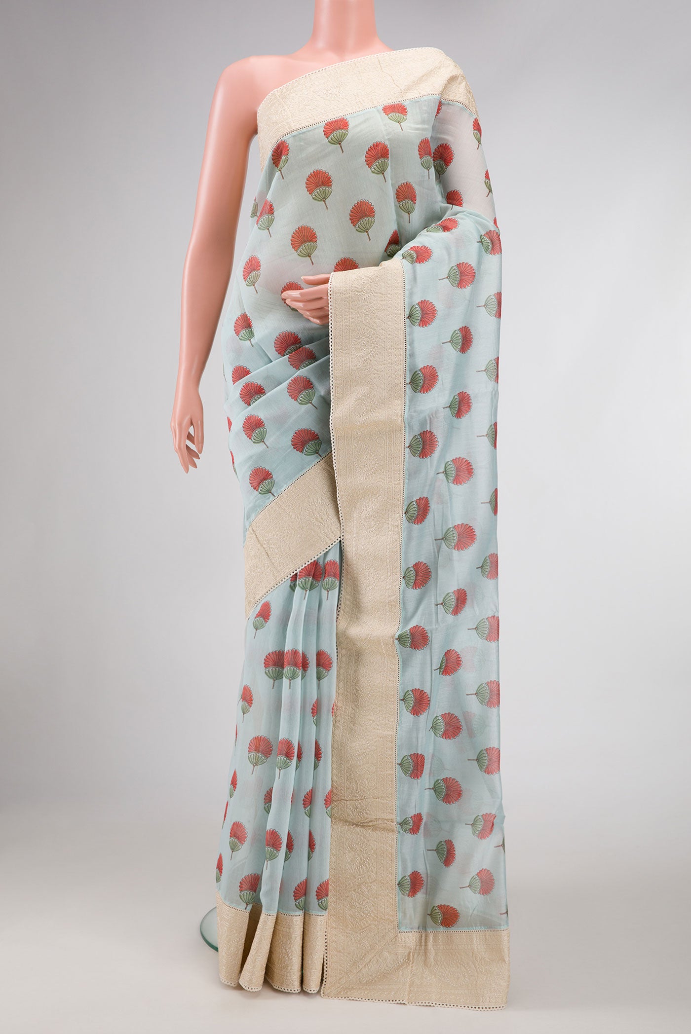 Grey Dual Tone Chanderi Silk Saree with Printed design on the body and Embroidery Border.  displayed on a mannequin