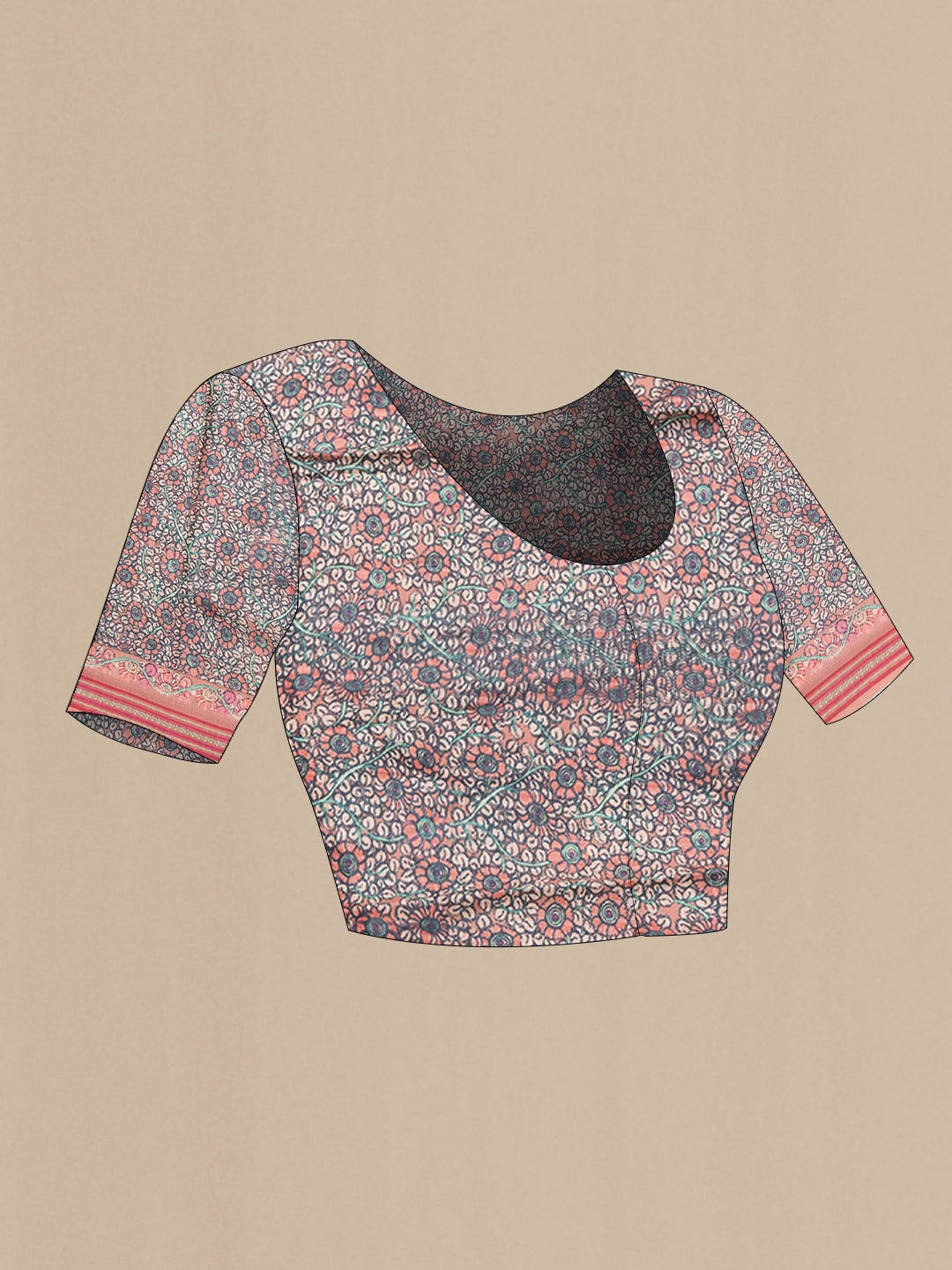 Close up image of the blouse of Brown Dual Tone Tussar Silk Saree with Embroidery on the body and Printed Border. 