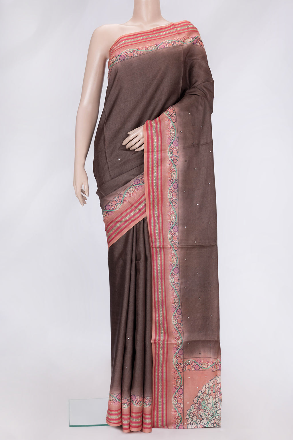 Brown Dual Tone Tussar Silk Saree with Embroidery on the body and Printed Border.  displayed on a mannequin