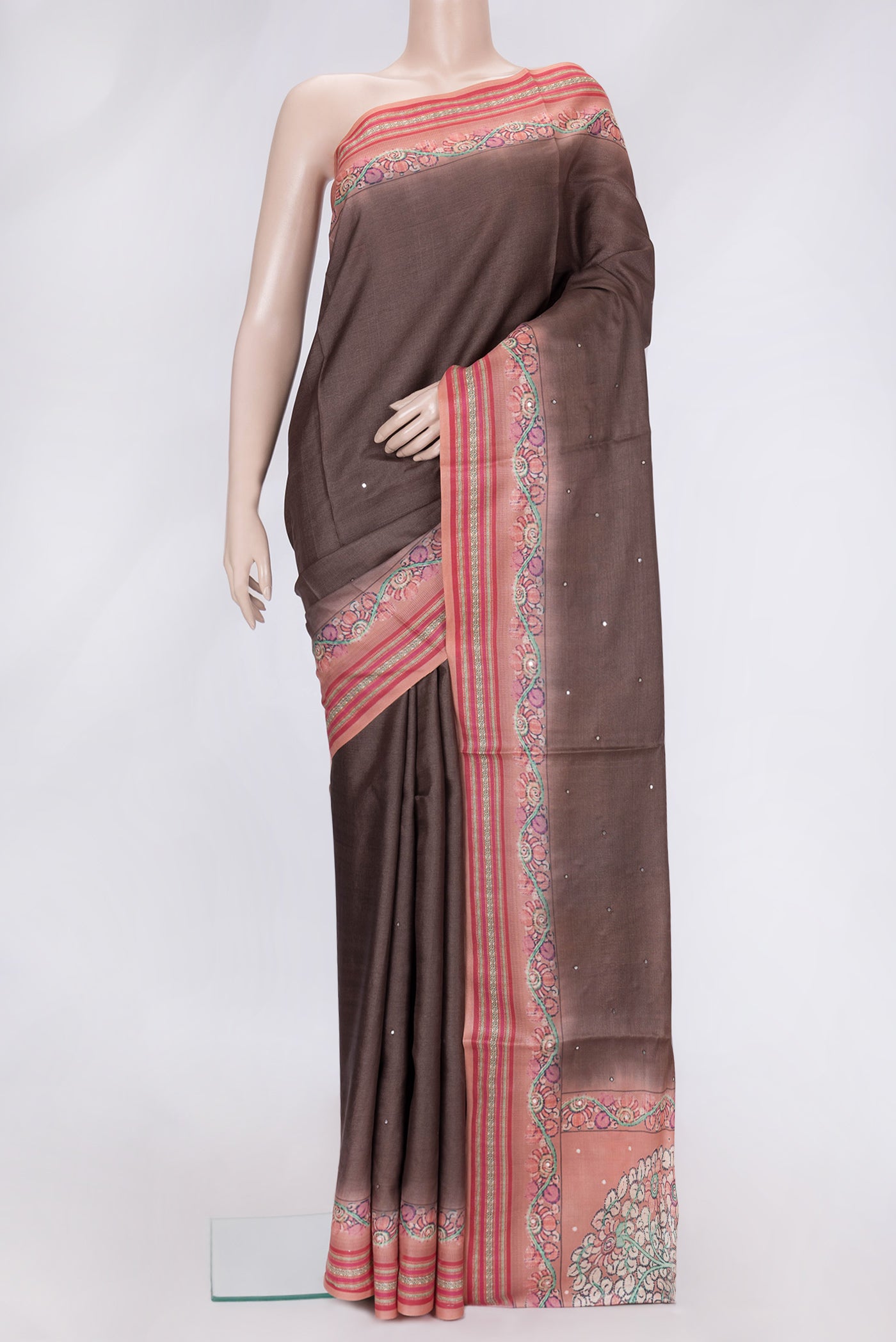 Brown Dual Tone Tussar Silk Saree with Embroidery on the body and Printed Border.  displayed on a mannequin