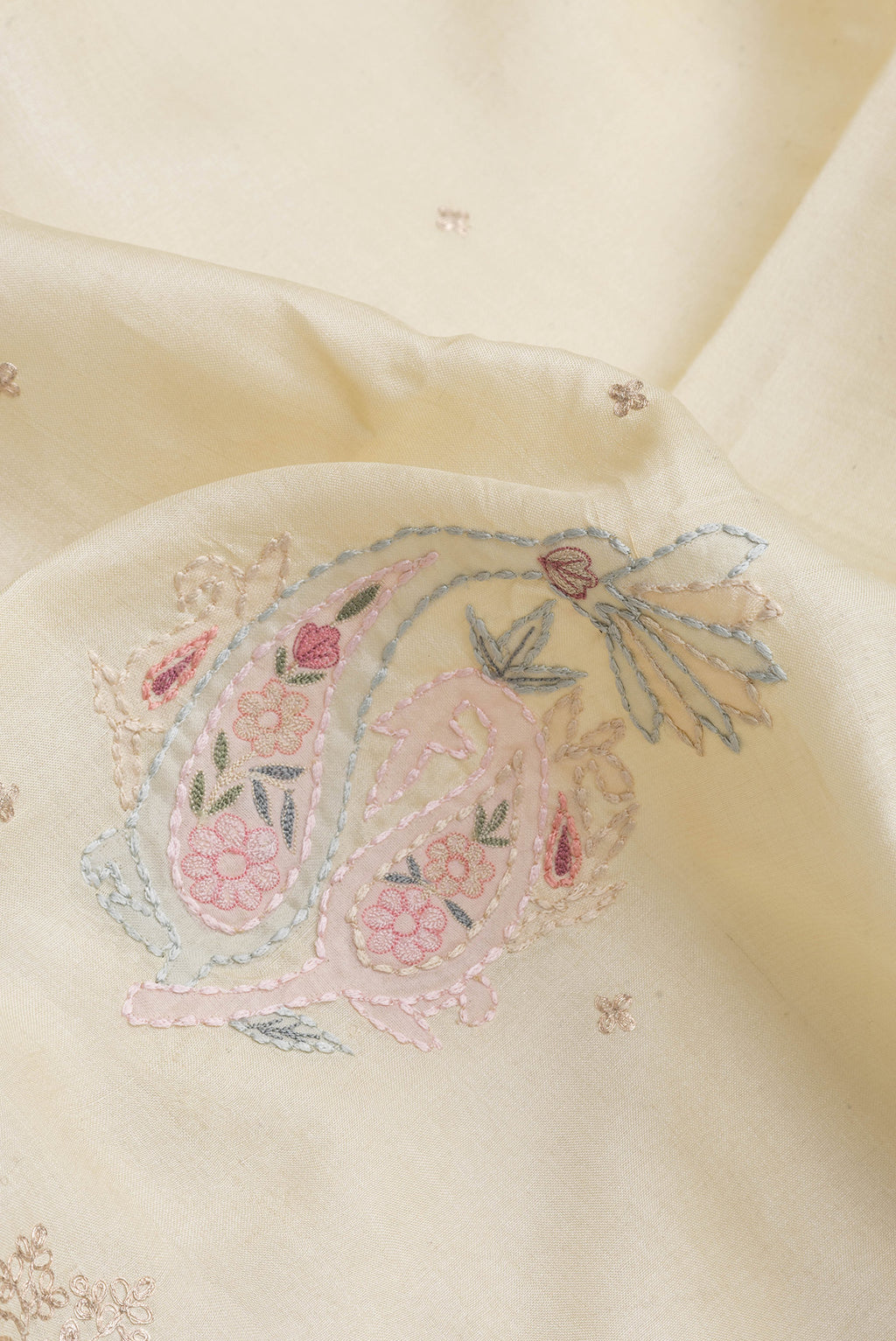 Close up of Sandal Dual Tone Tussar Silk Saree with Embroidery on the body and Embroidery Border.  displaying folds