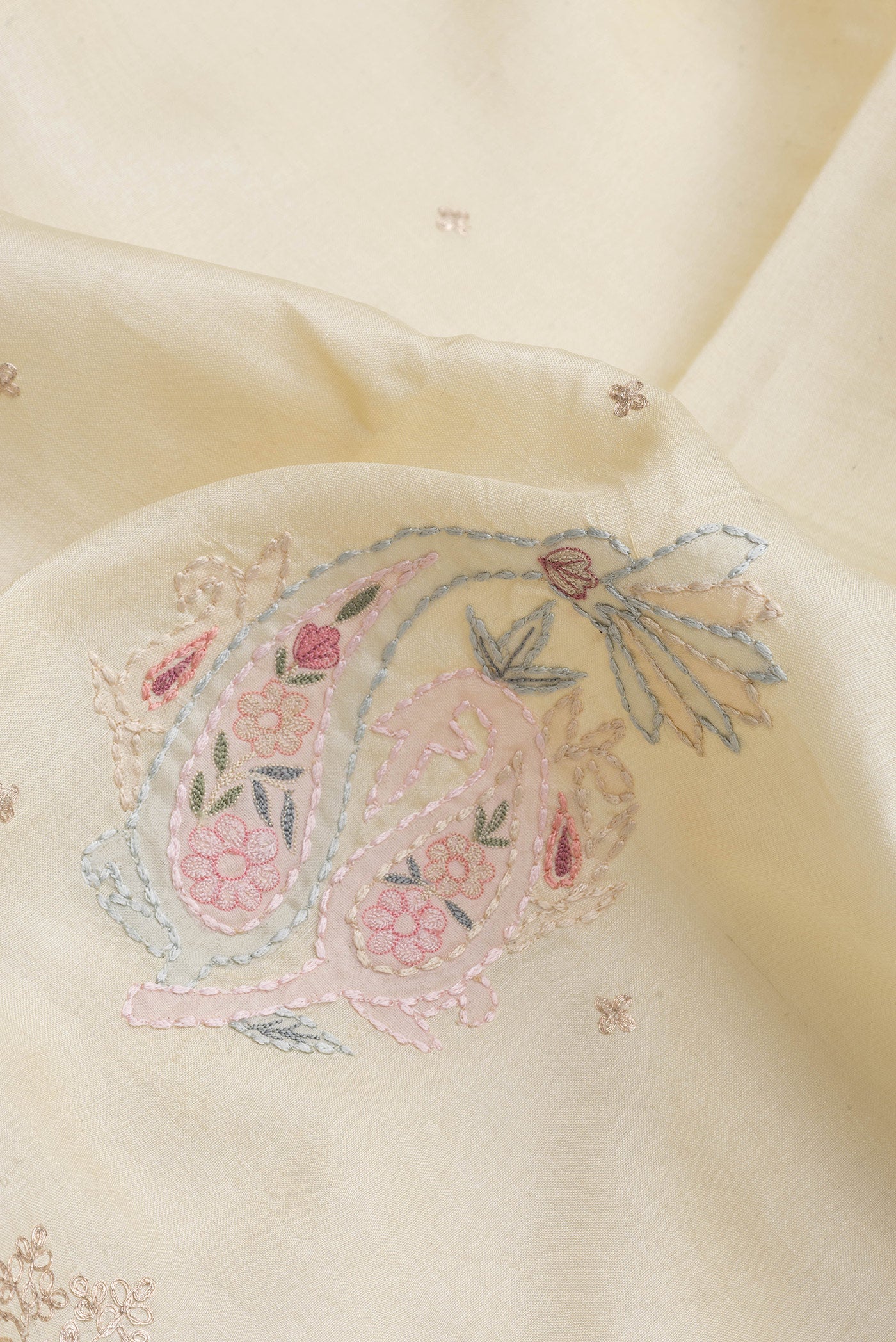 Close up of Sandal Dual Tone Tussar Silk Saree with Embroidery on the body and Embroidery Border.  displaying folds