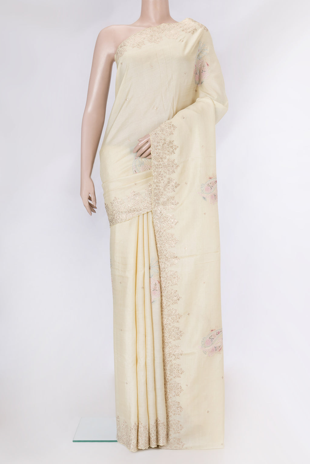 Sandal Dual Tone Tussar Silk Saree with Embroidery on the body and Embroidery Border.  displayed on a mannequin