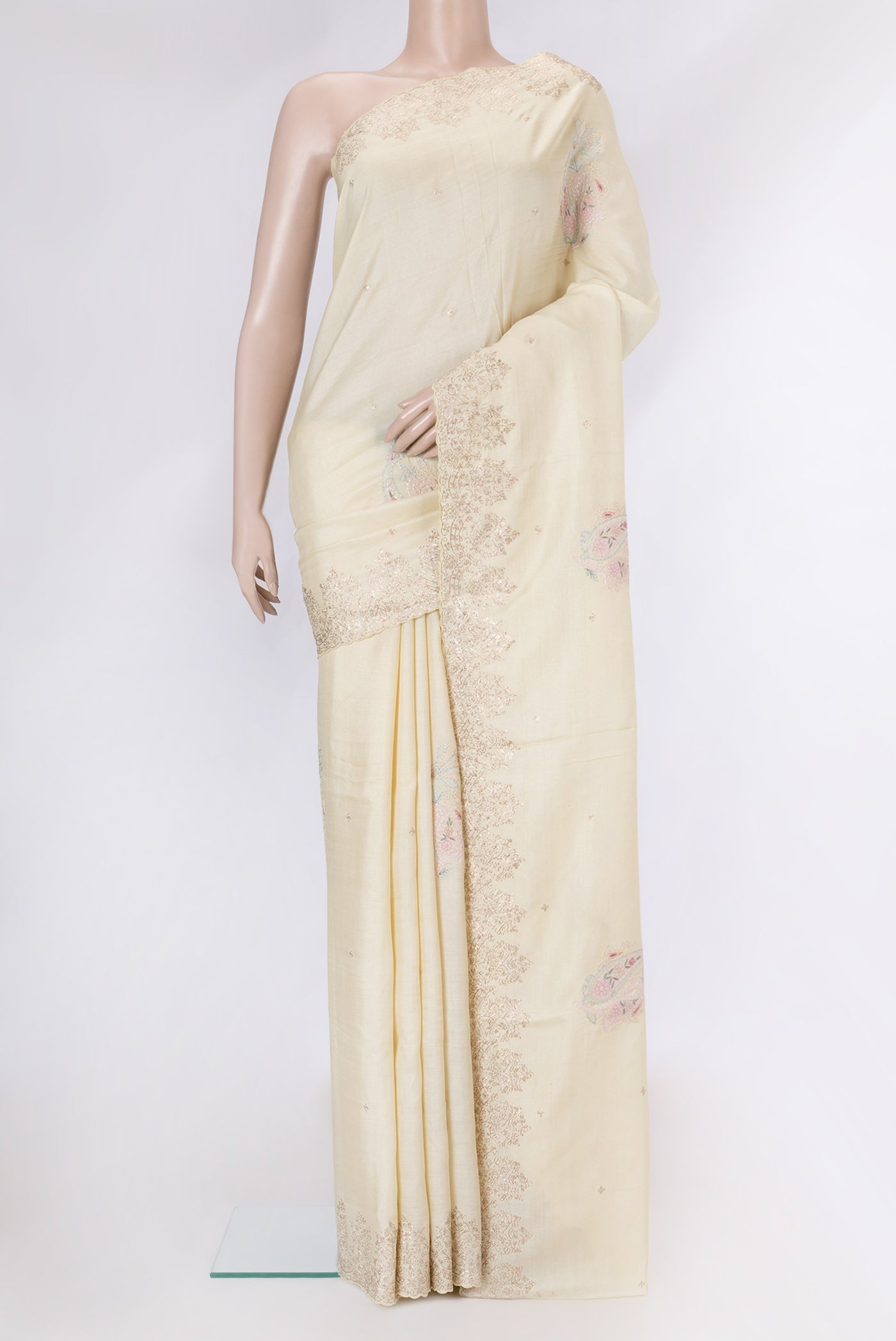 Sandal Dual Tone Tussar Silk Saree with Embroidery on the body and Embroidery Border.  displayed on a mannequin