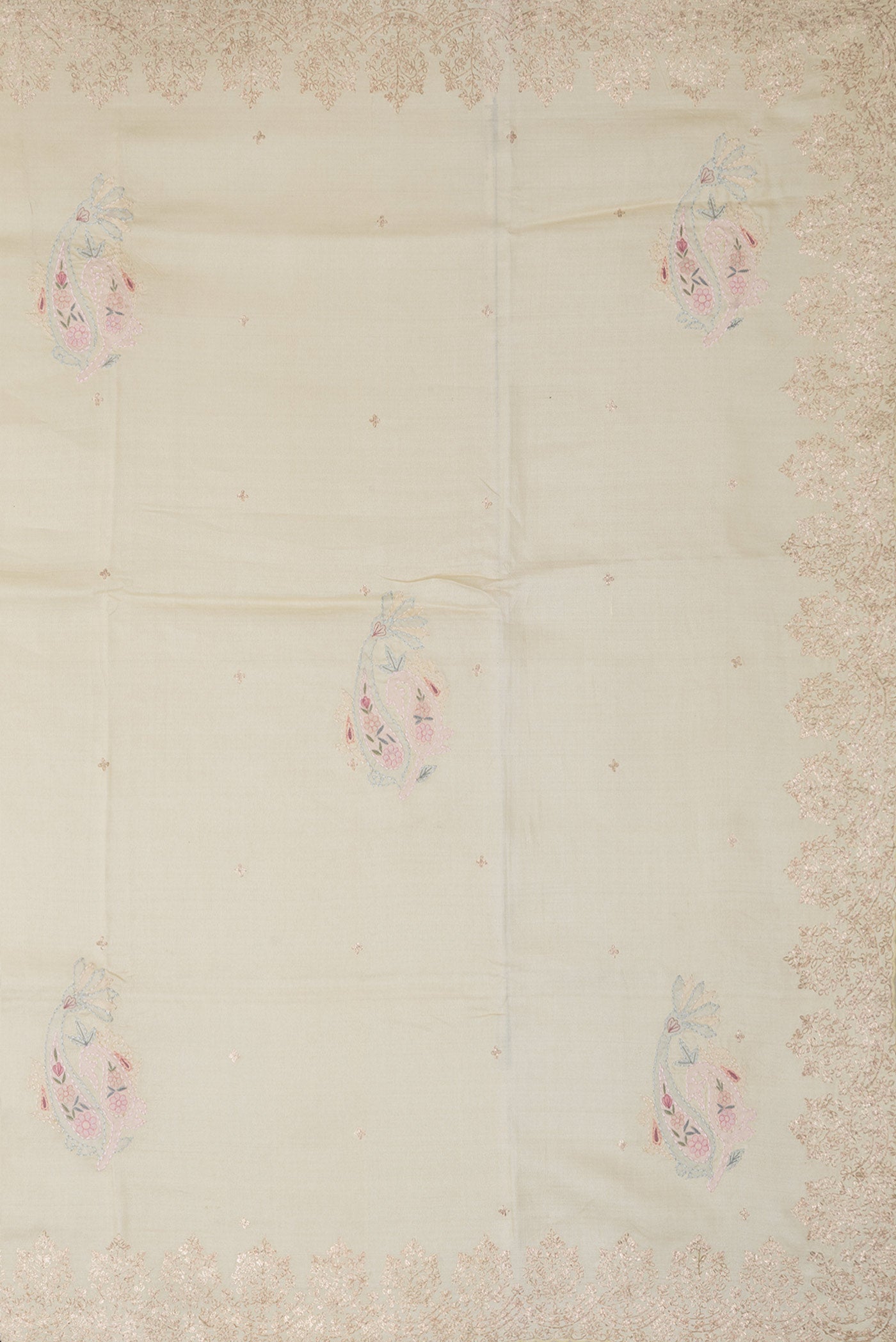 Close up image of the pallu of Sandal Dual Tone Tussar Silk Saree with Embroidery on the body and Embroidery Border. 