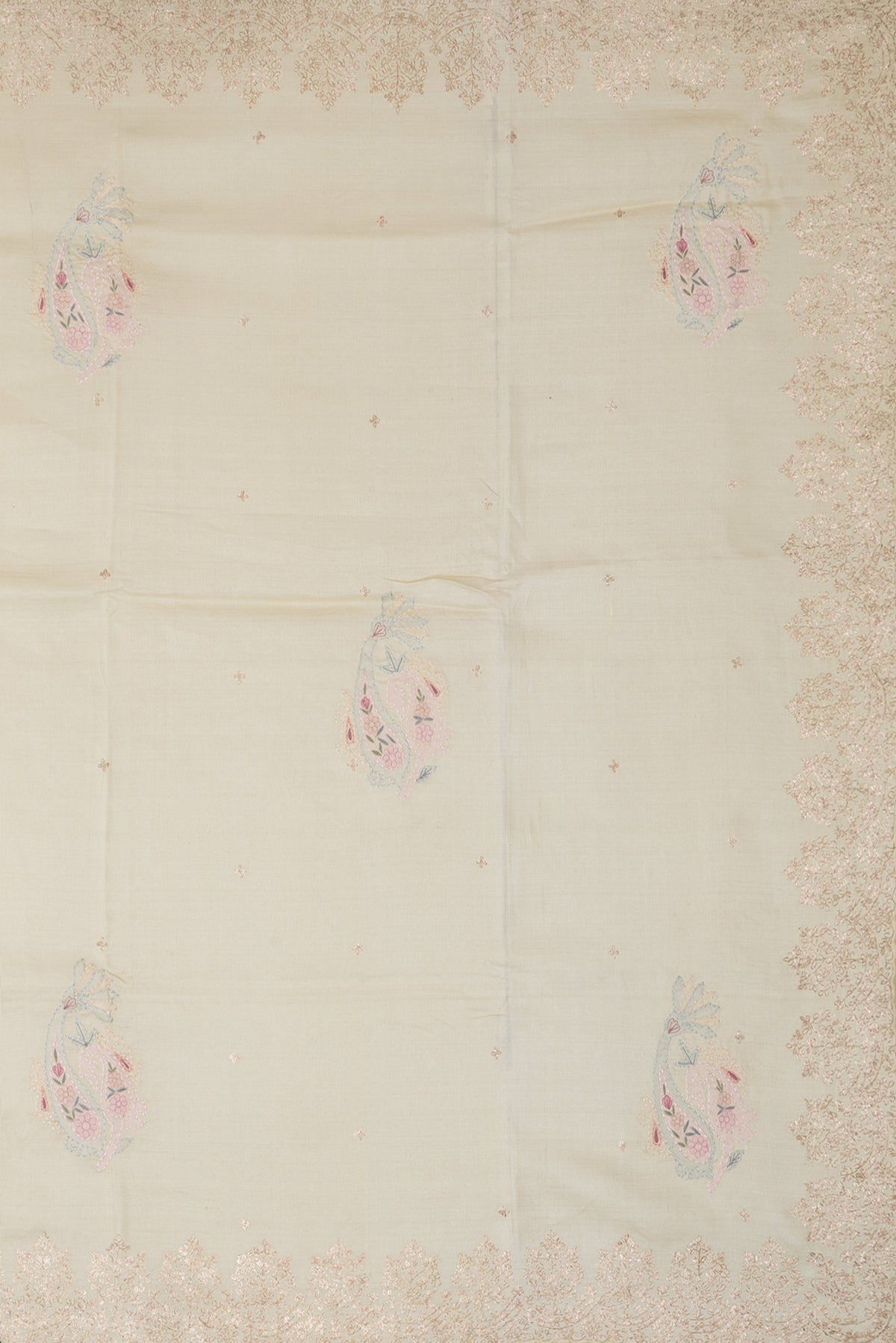 Close up image of the pallu of Sandal Dual Tone Tussar Silk Saree with Embroidery on the body and Embroidery Border. 