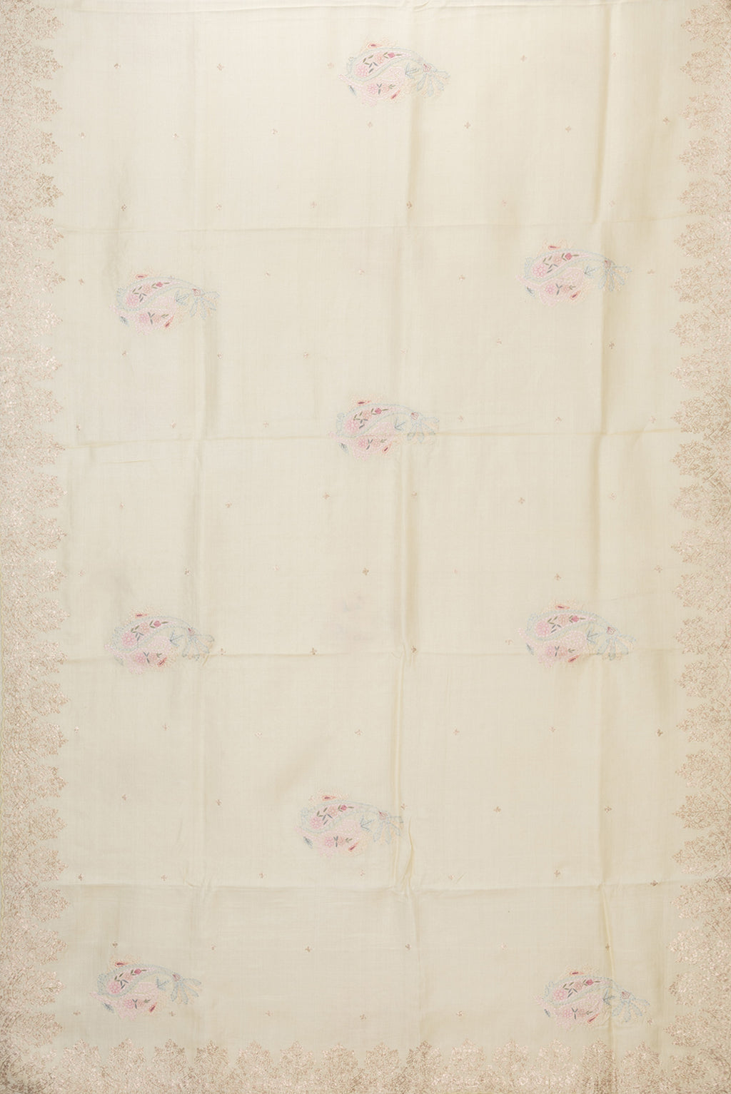 Flat view of Sandal Dual Tone Tussar Silk Saree with Embroidery on the body and Embroidery Border. 